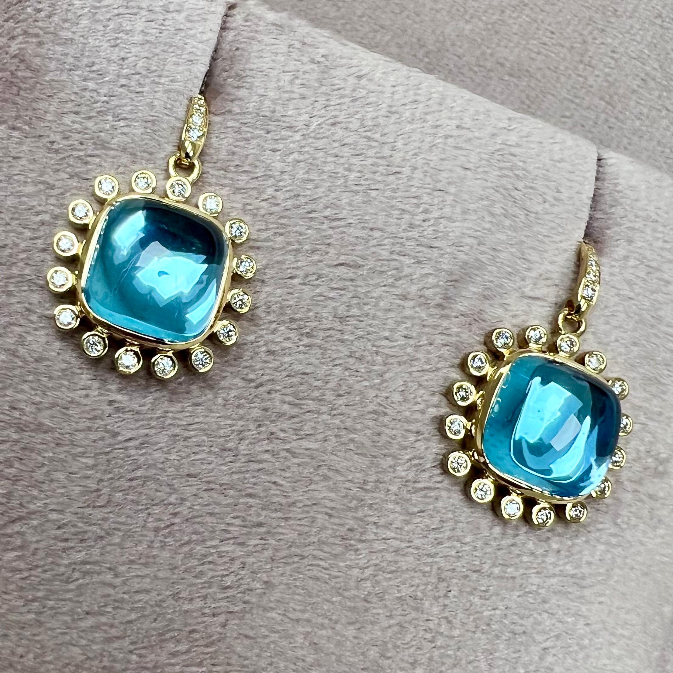 Syna Ohrringe aus Gelbgold mit blauem Topas und Diamanten (Zeitgenössisch) im Angebot