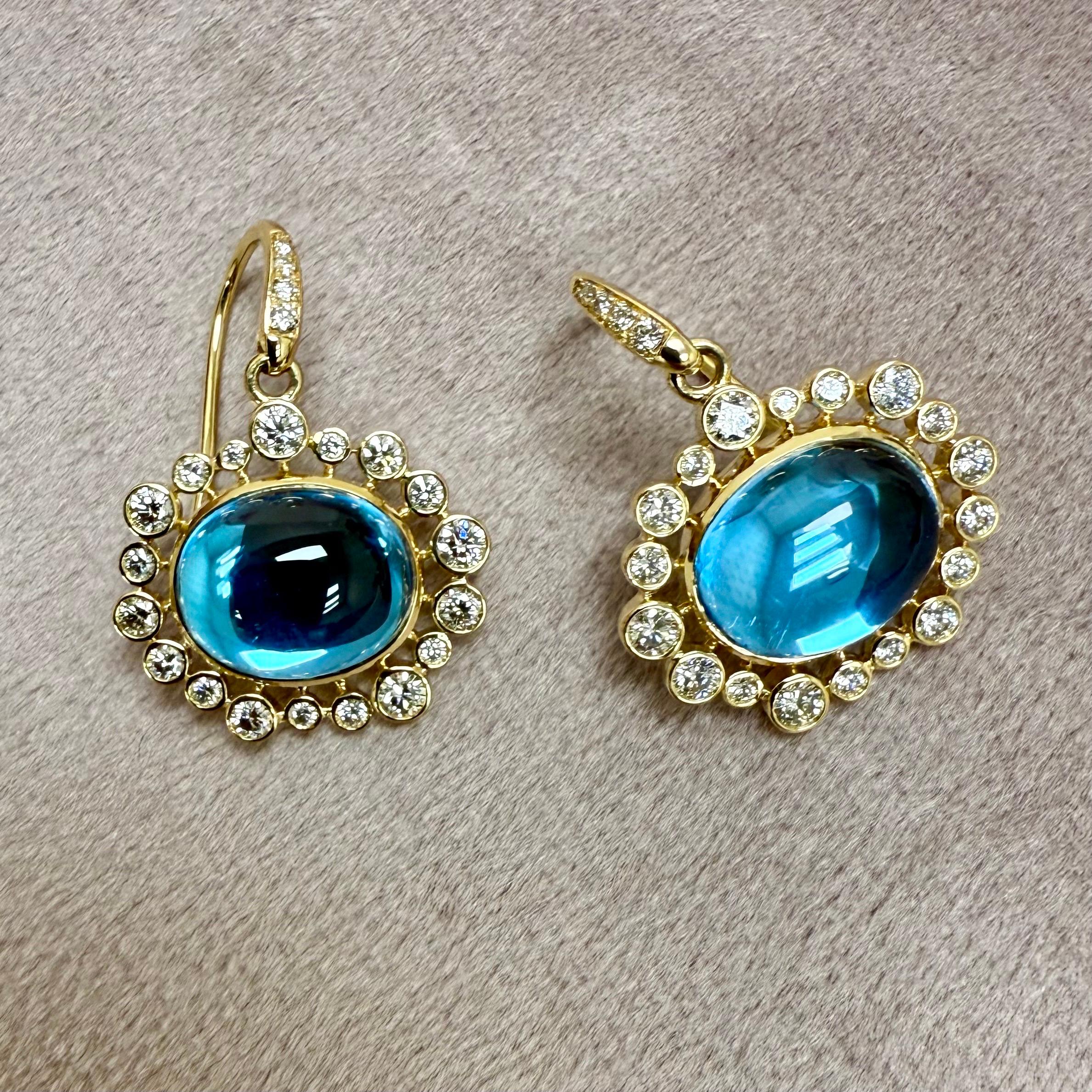 Contemporary Syna Yellow Gold Blue Topaz Earrings with Diamonds For Sale