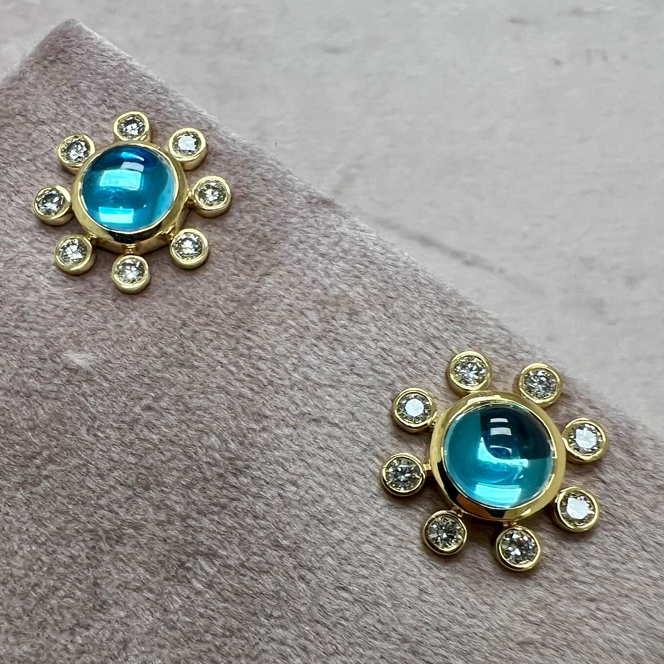 Mixed Cut Syna Yellow Gold Blue Topaz Earrings with Diamonds For Sale