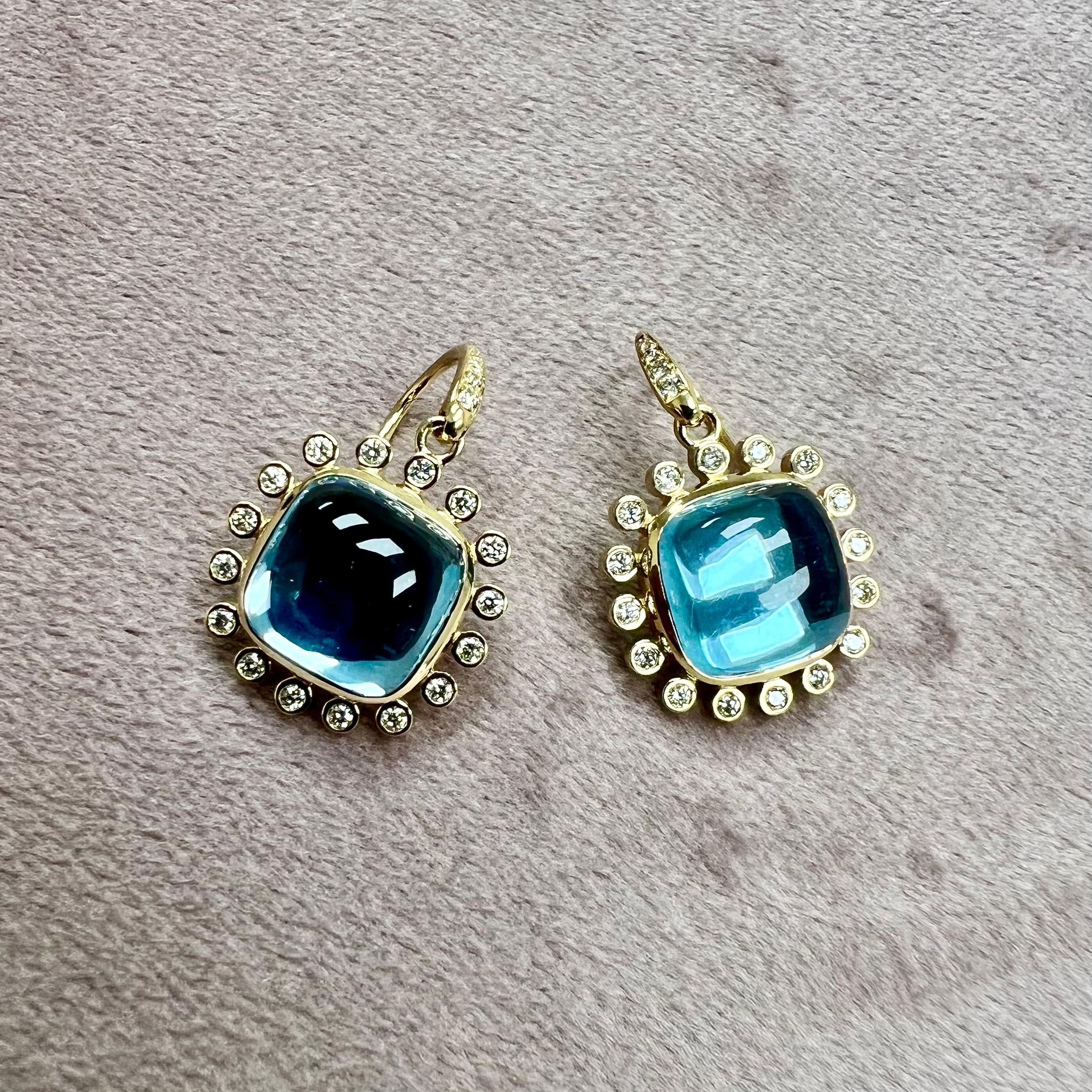 Syna Ohrringe aus Gelbgold mit blauem Topas und Diamanten (Gemischter Schliff) im Angebot