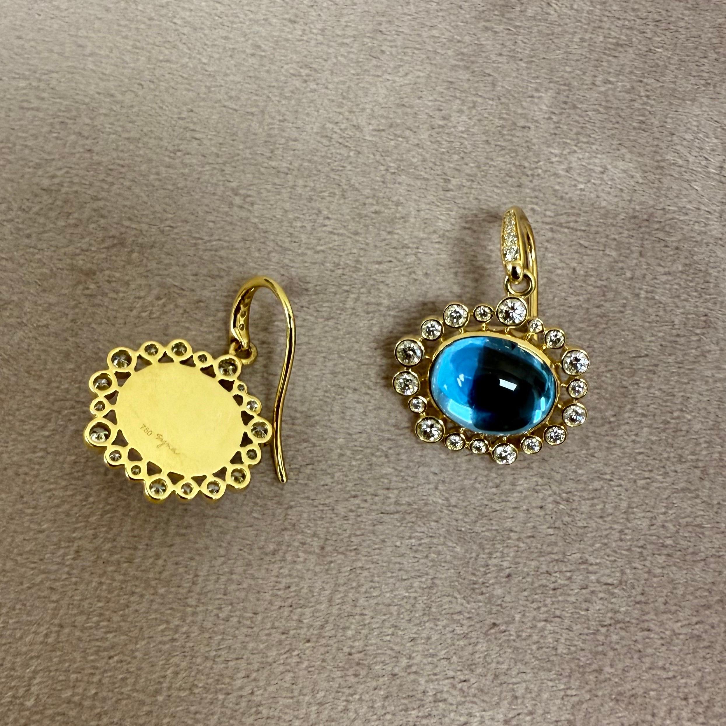 Cabochon Syna Yellow Gold Blue Topaz Earrings with Diamonds For Sale