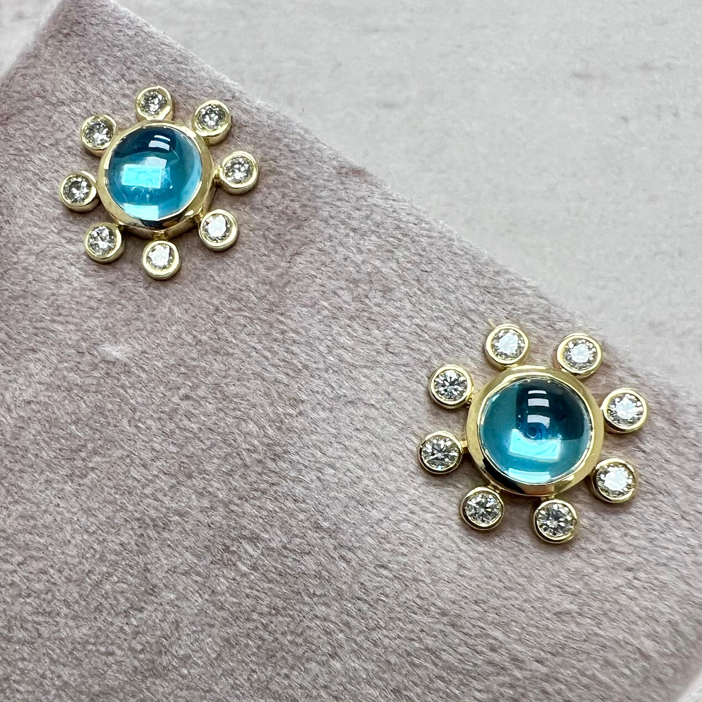 Syna Yellow Gold Blue Topaz Earrings with Diamonds In New Condition For Sale In Fort Lee, NJ