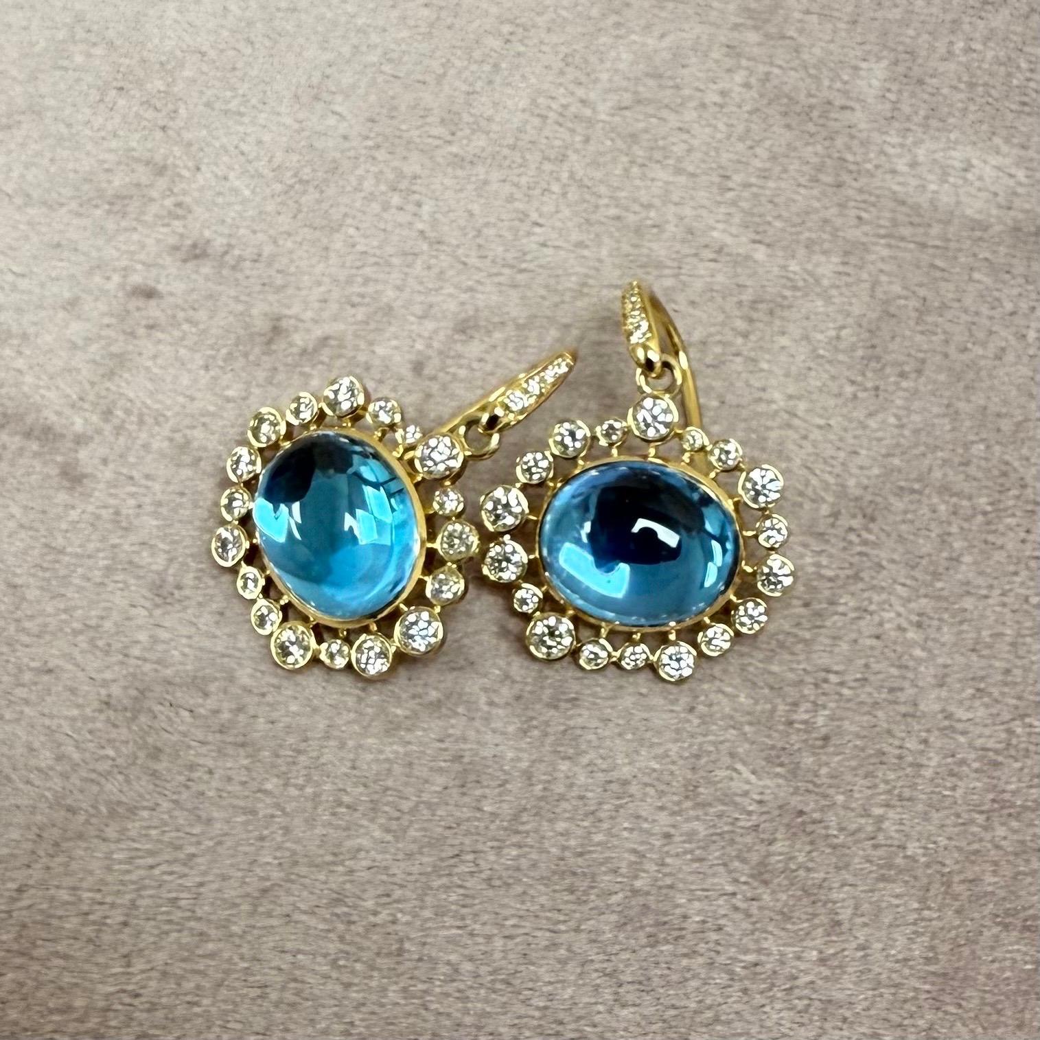 Syna Yellow Gold Blue Topaz Earrings with Diamonds In New Condition For Sale In Fort Lee, NJ