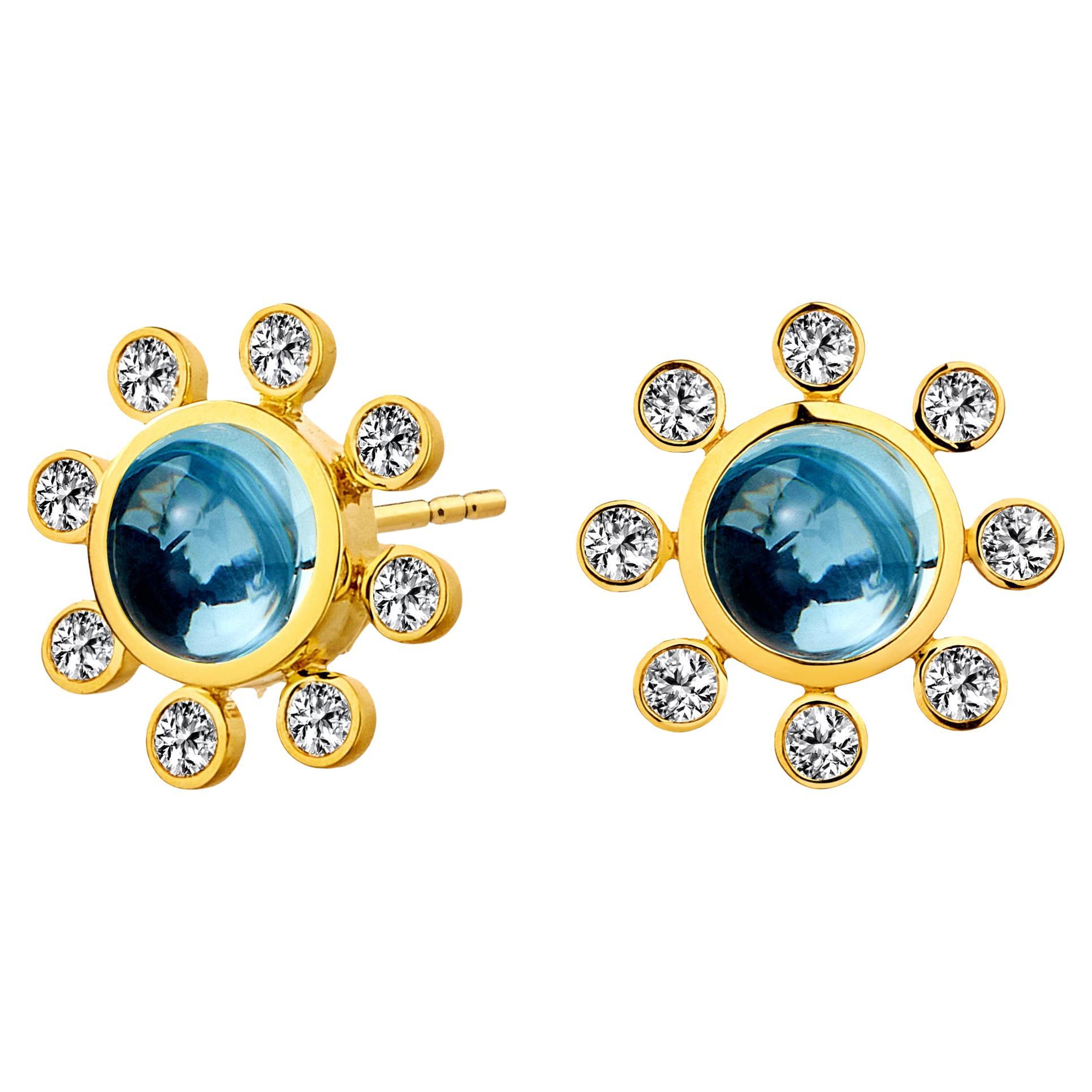 Syna Boucles d'oreilles en or jaune et topaze bleue avec diamants en vente