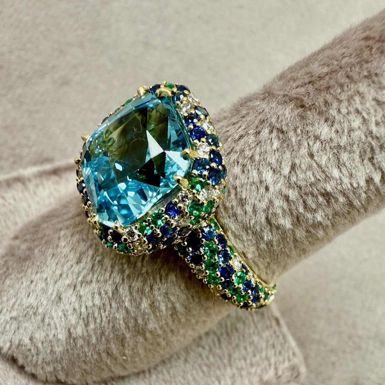 Contemporary Syna Yellow Gold Blue Topaz, Emeralds, Sapphire and Diamond Ring For Sale