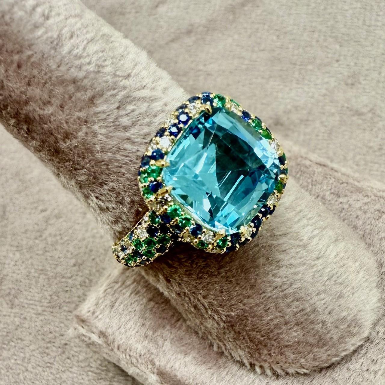 Mixed Cut Syna Yellow Gold Blue Topaz, Emeralds, Sapphire and Diamond Ring For Sale