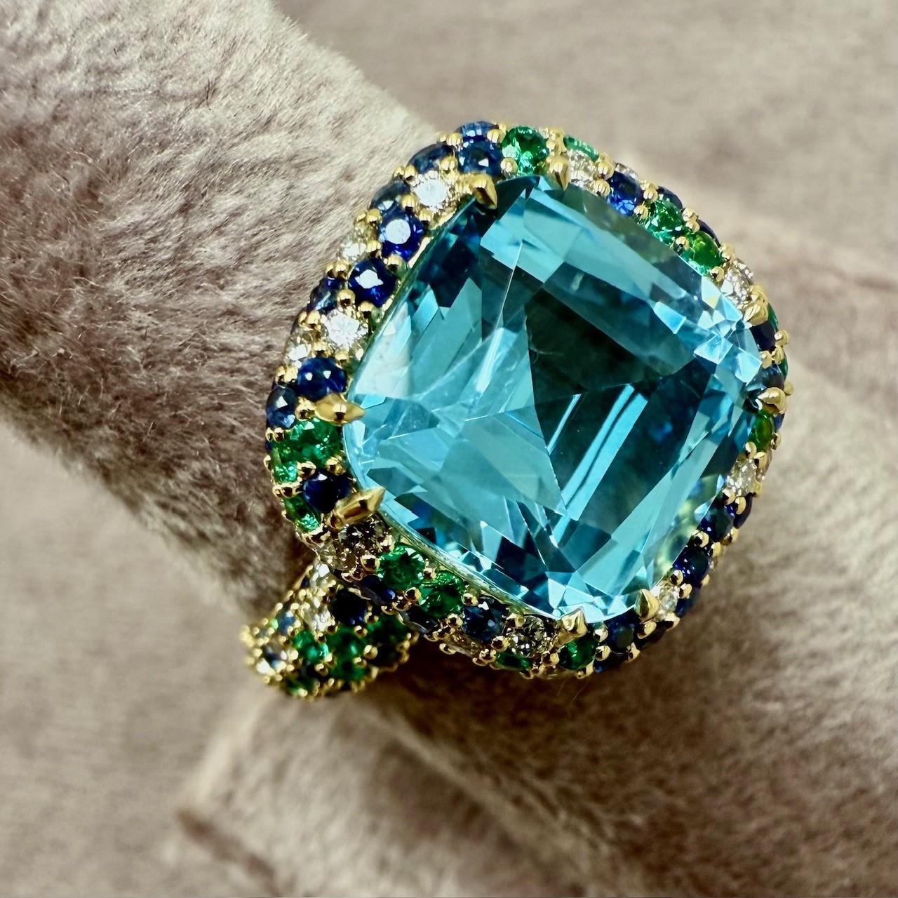 Syna Yellow Gold Blue Topaz, Emeralds, Sapphire and Diamond Ring In New Condition For Sale In Fort Lee, NJ