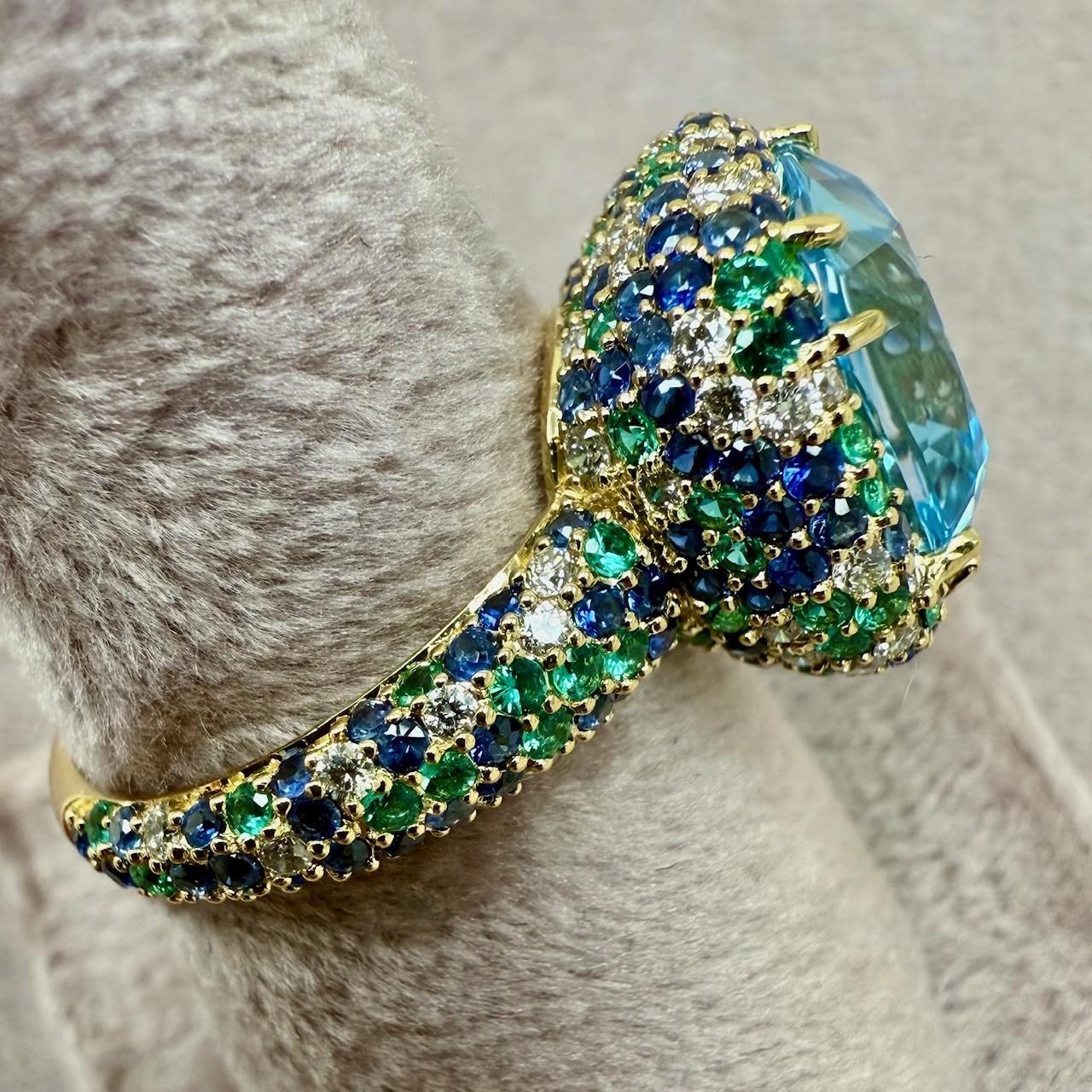 Women's Syna Yellow Gold Blue Topaz, Emeralds, Sapphire and Diamond Ring For Sale