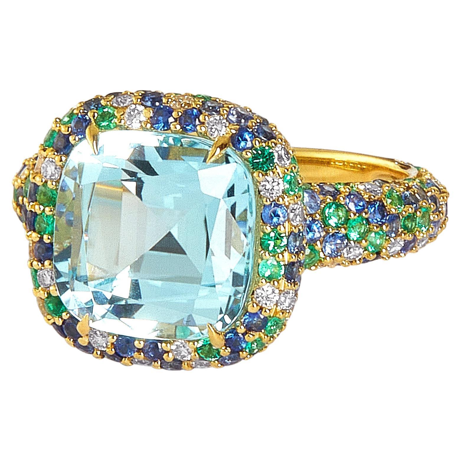 Syna Yellow Gold Blue Topaz, Emeralds, Sapphire and Diamond Ring For Sale