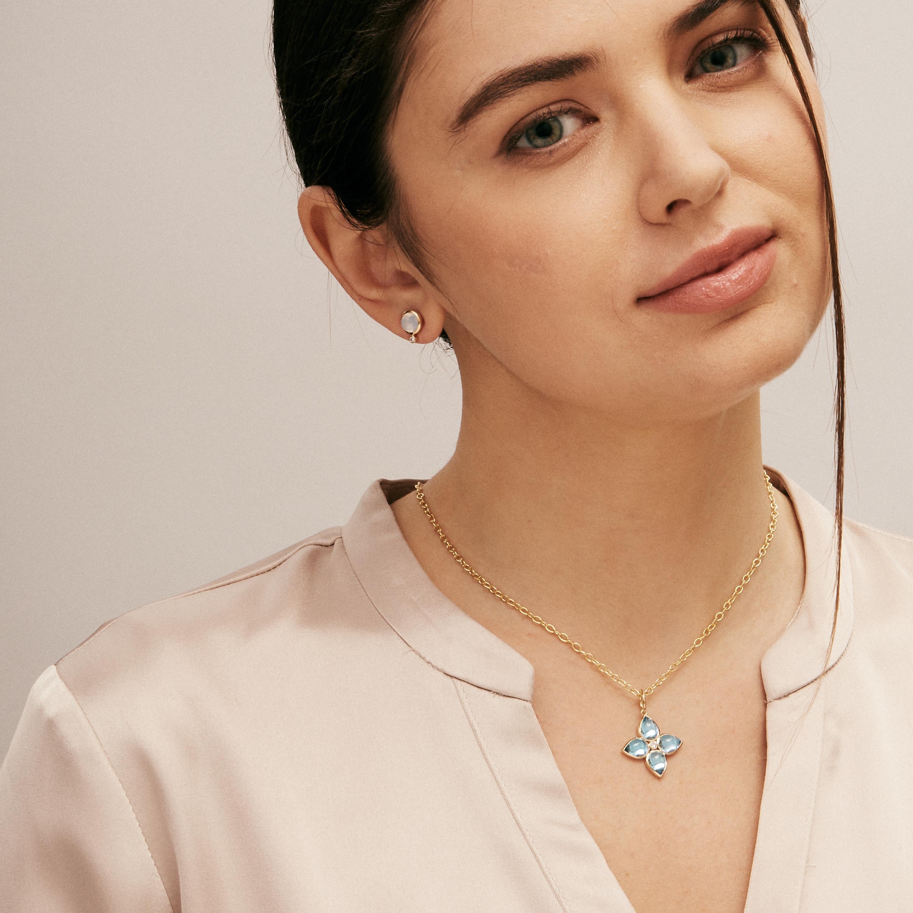 Created in 18 karat yellow gold
Blue topaz 6.50 carats approx.
Diamonds 0.04 carat approx.
Chain sold separately

Fashioned from 18 karat yellow gold, this pendant features a stunning 6.50 carat blue topaz surrounded by a sprinkle of 0.04 carats of
