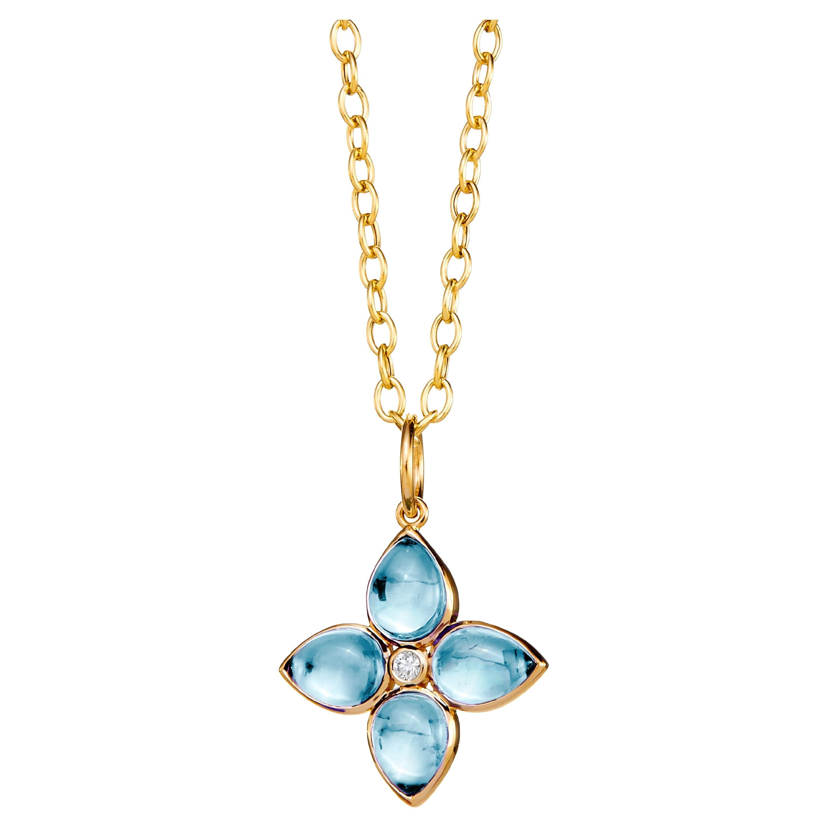 Syna Yellow Gold Blue Topaz Flower Pendant with Diamond