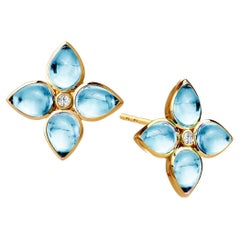 Syna Yellow Gold Blue Topaz Flower Studs with Diamonds