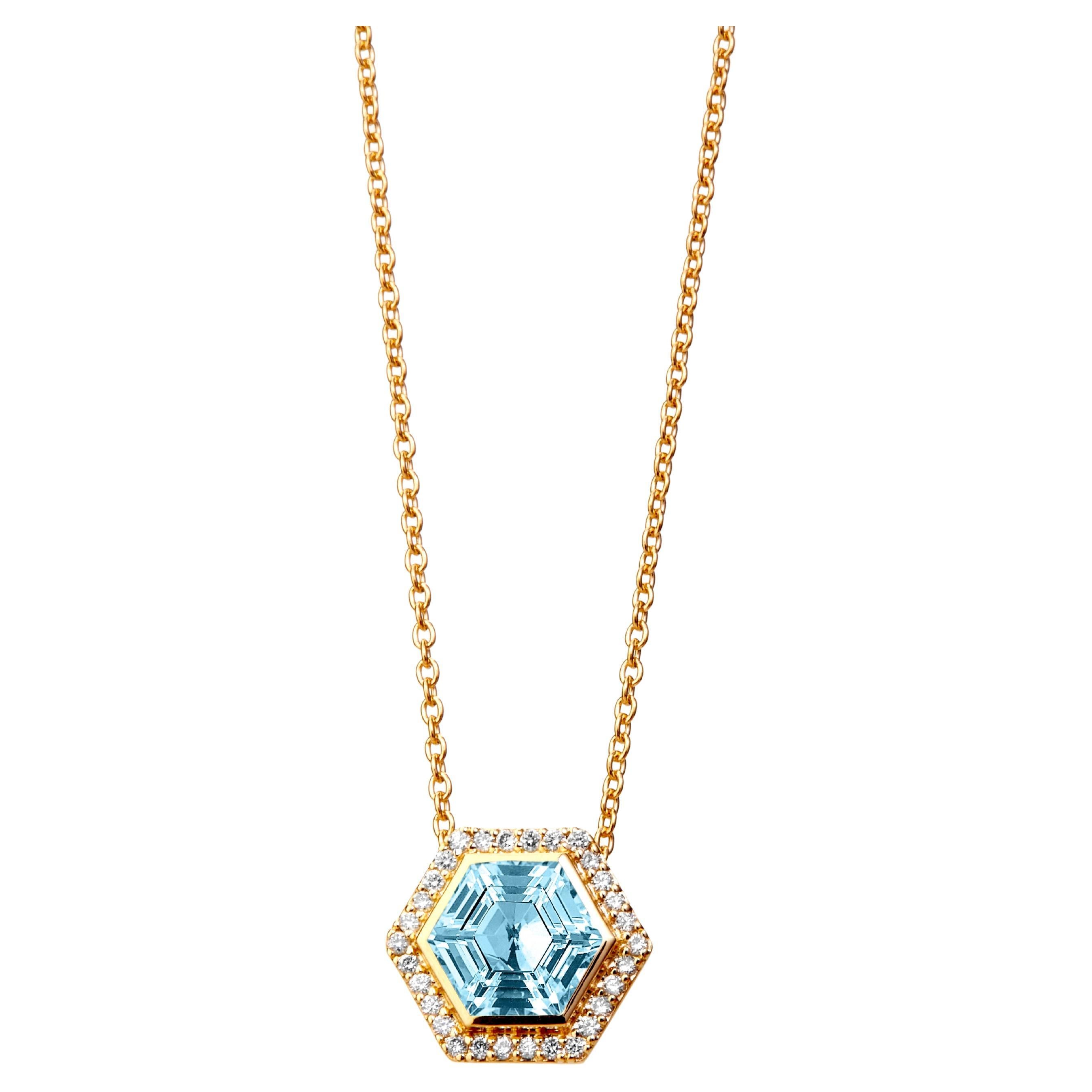 Syna Collier hexagonal en or jaune et topaze bleue avec diamants