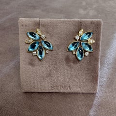 Syna Yellow Gold Blue Topaz Leaf Earrings with Diamonds