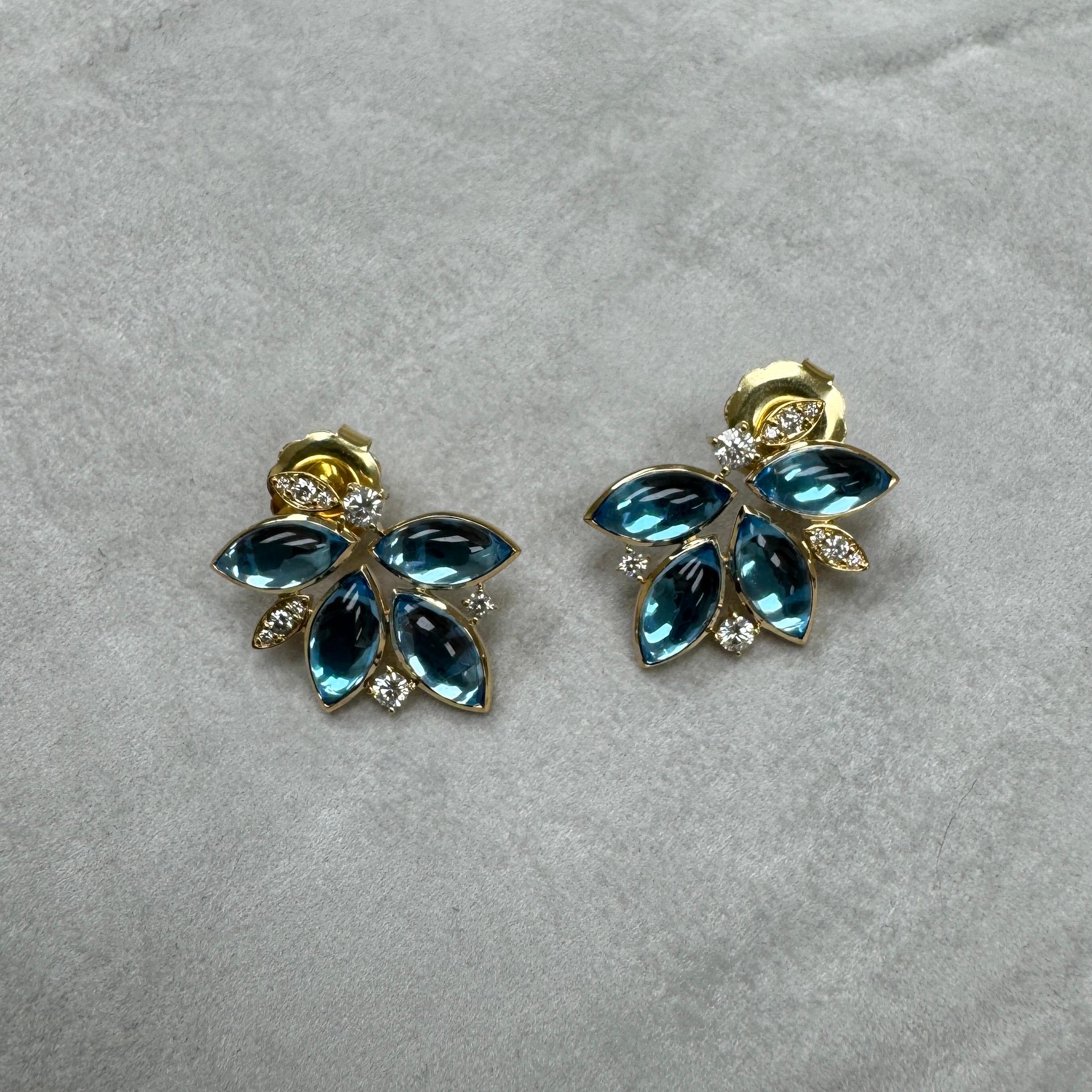 Mixed Cut Syna Yellow Gold Blue Topaz Leaf Earrings with Diamonds For Sale