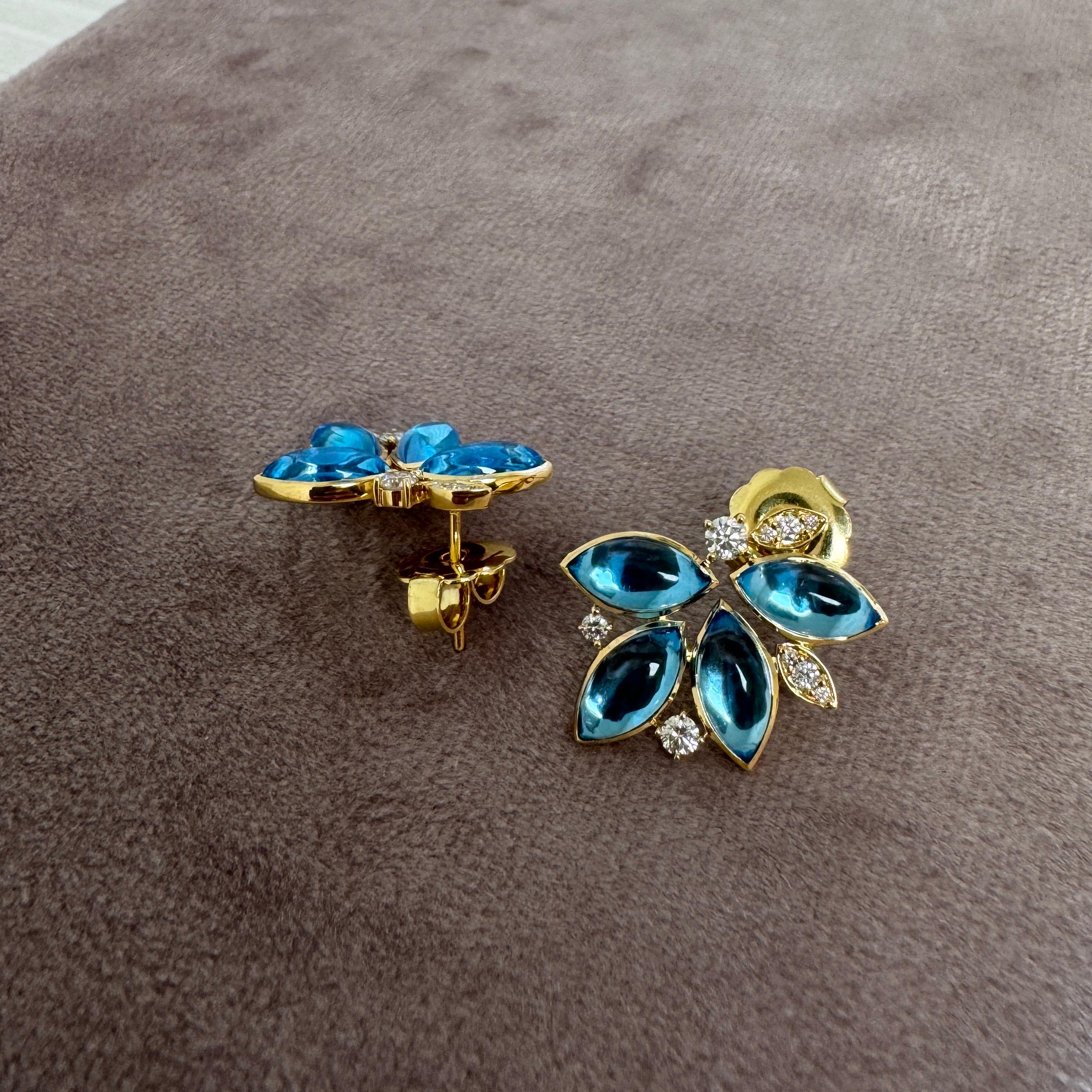 Syna Yellow Gold Blue Topaz Leaf Earrings with Diamonds In New Condition For Sale In Fort Lee, NJ