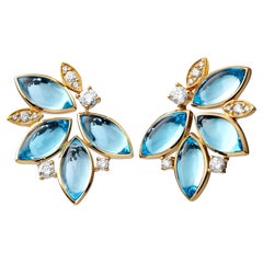 Syna Yellow Gold Blue Topaz Leaf Earrings with Diamonds