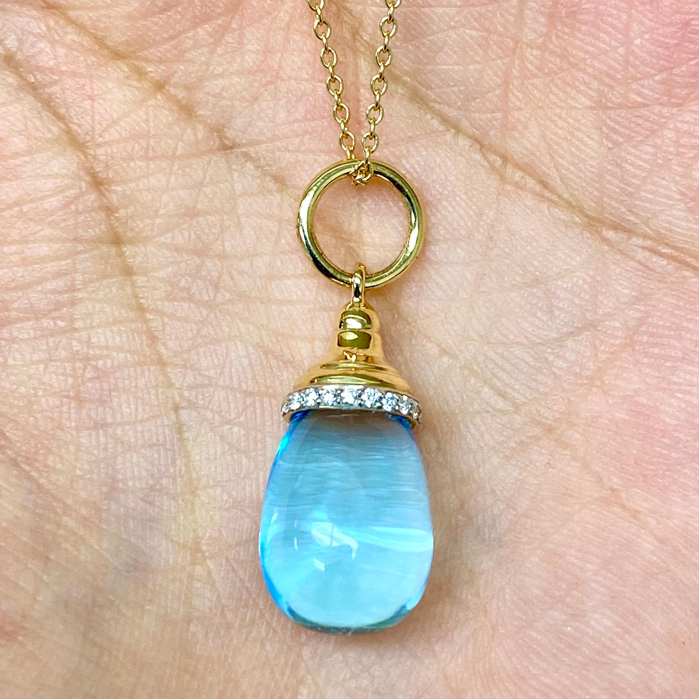 Contemporary Syna Yellow Gold Blue Topaz Mini Drop Necklace with Diamonds For Sale