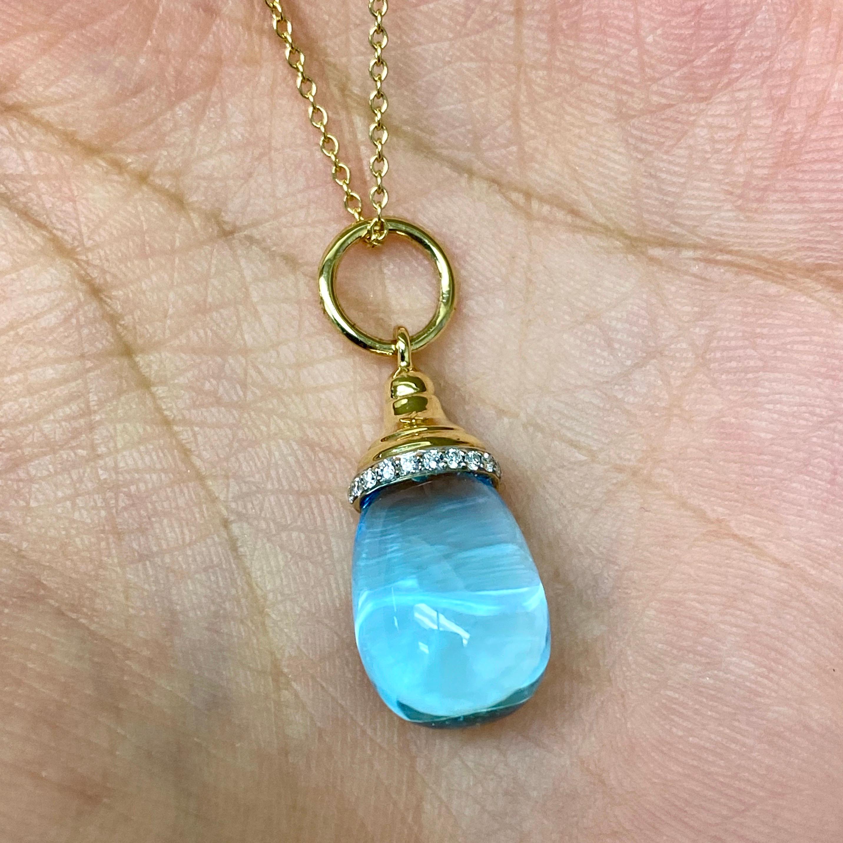 Round Cut Syna Yellow Gold Blue Topaz Mini Drop Necklace with Diamonds For Sale