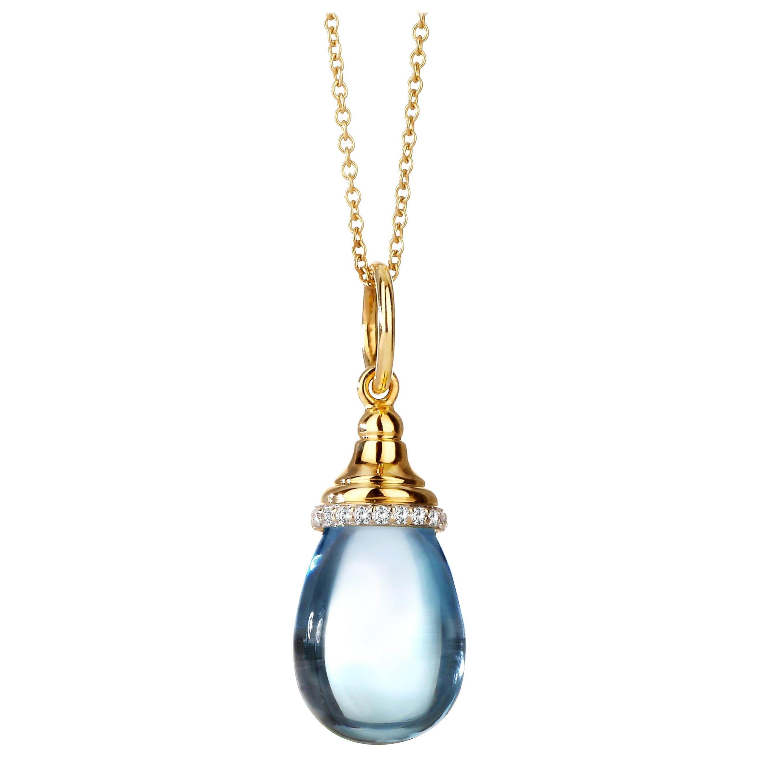 Syna Yellow Gold Blue Topaz Mini Drop Necklace with Diamonds For Sale