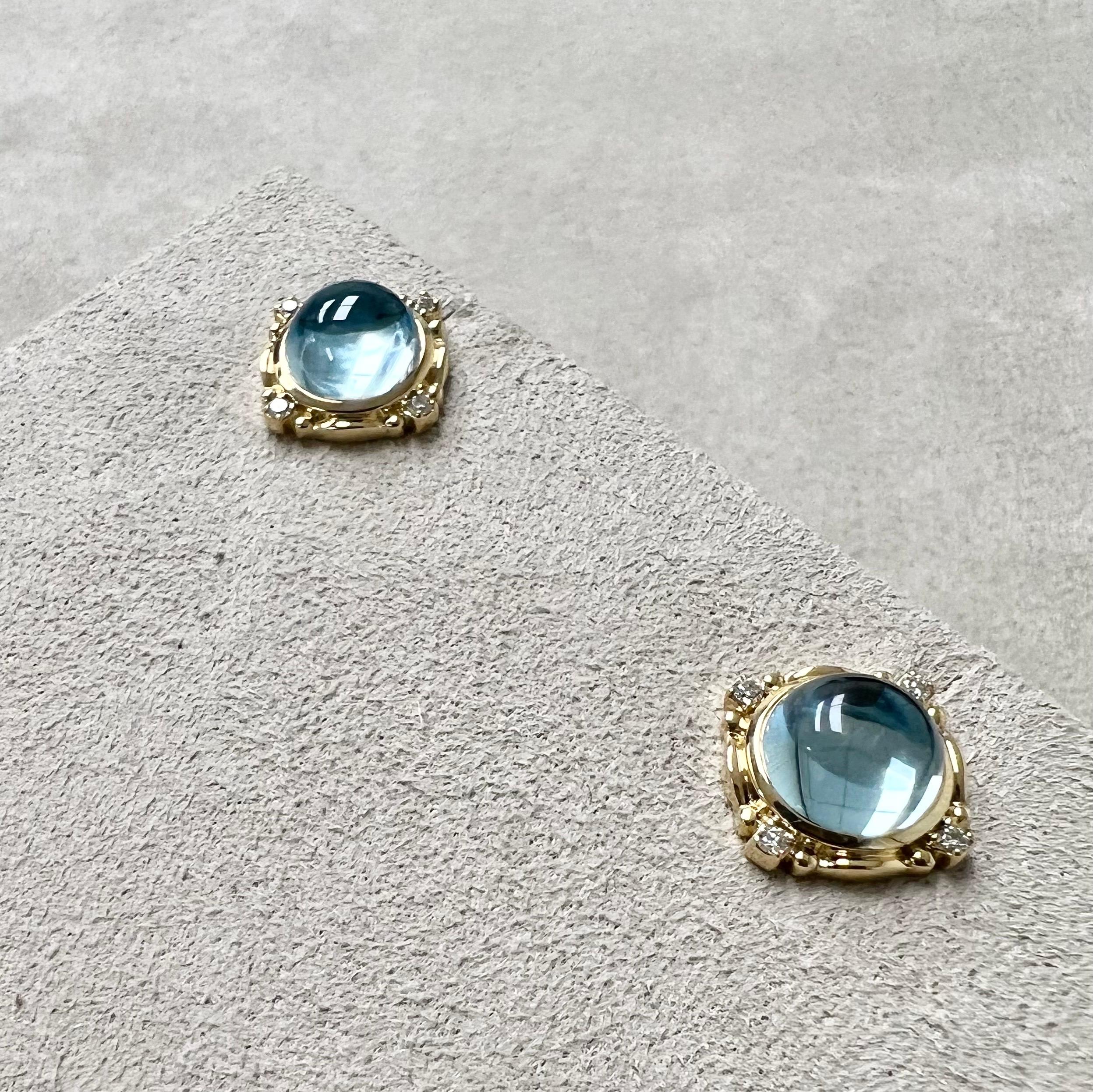 Mixed Cut Syna Yellow Gold Blue Topaz Mogul Earrings with Champagne Diamonds For Sale