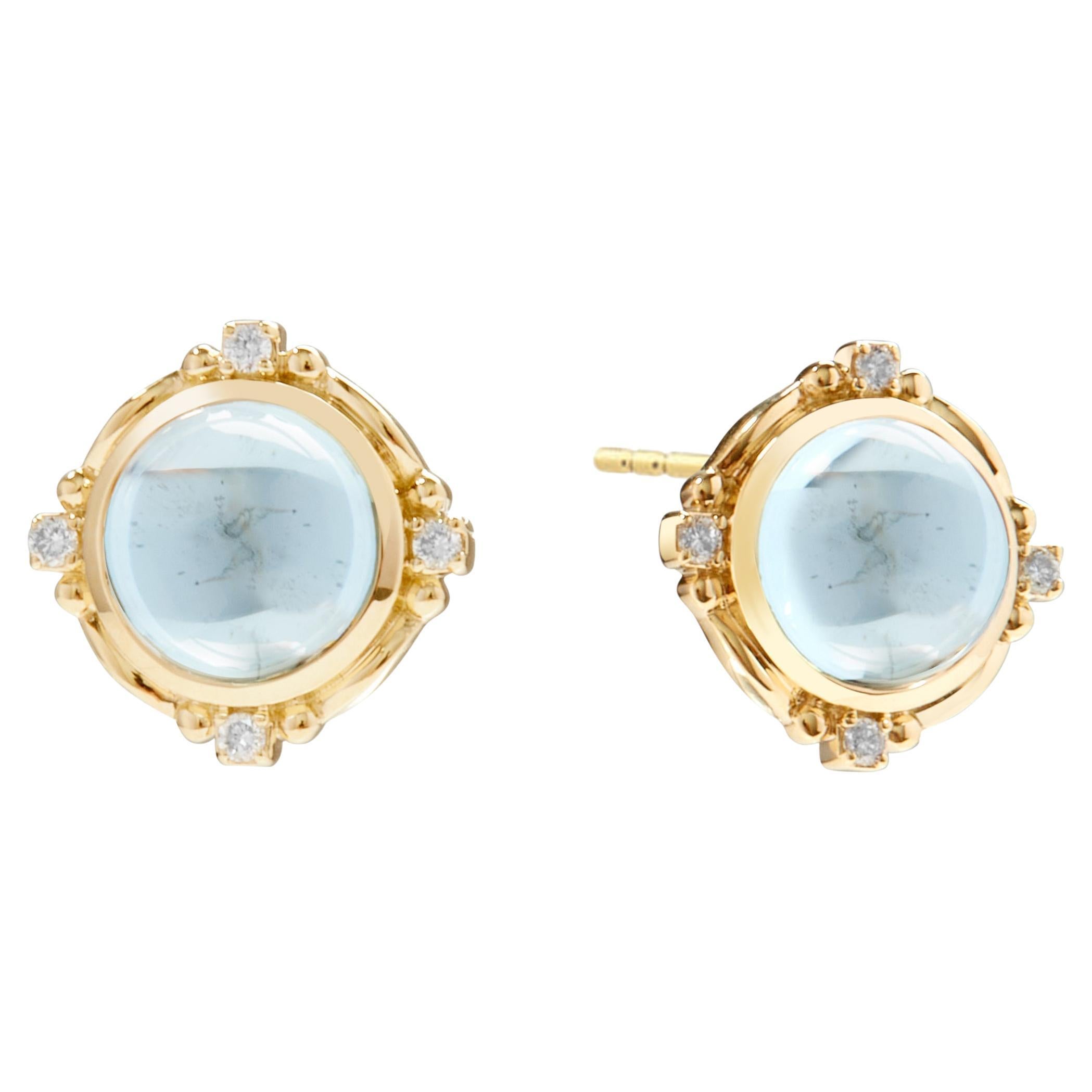 Syna Yellow Gold Blue Topaz Mogul Earrings with Champagne Diamonds For Sale