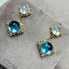 Syna Yellow Gold Blue Topaz, Moon Quartz and Diamonds Earrings
