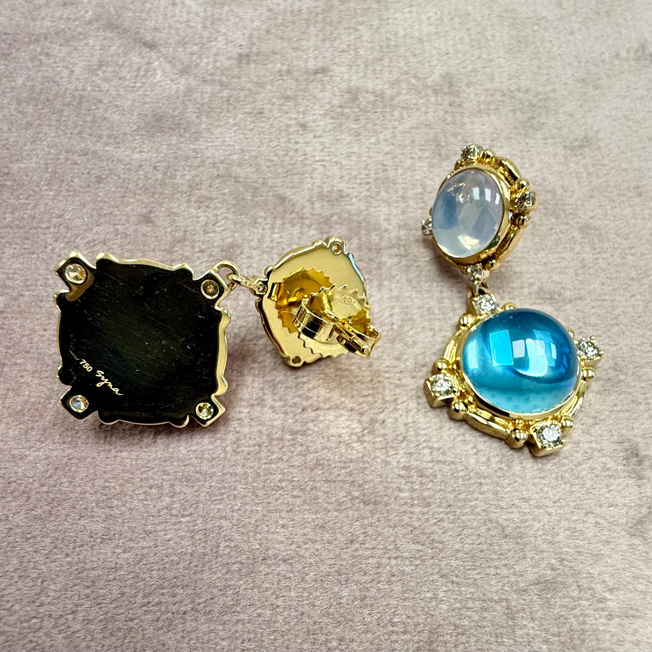 Taglio rotondo Orecchini Syna in oro giallo con topazio blu, quarzo lunare e diamanti in vendita