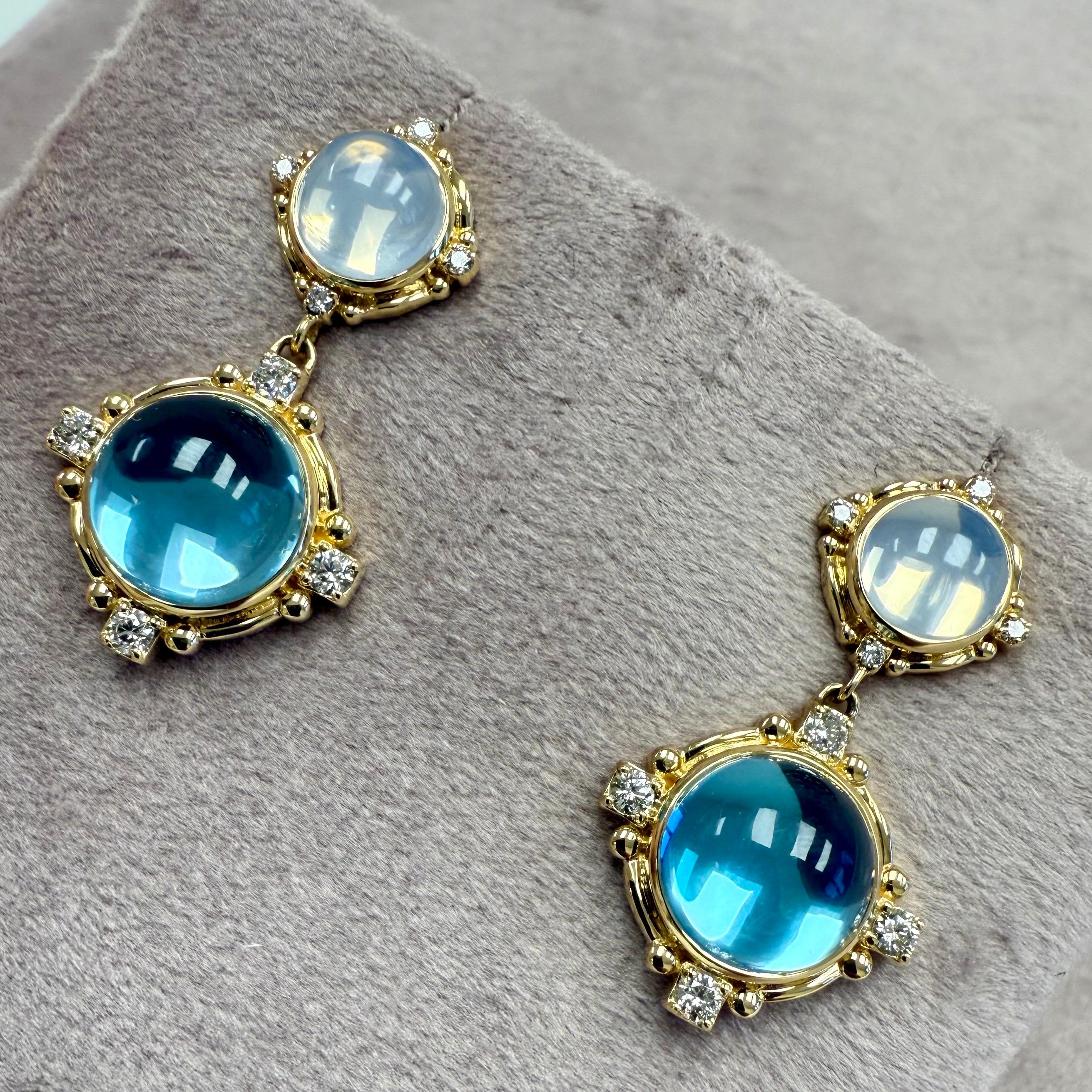 Orecchini Syna in oro giallo con topazio blu, quarzo lunare e diamanti In condizioni Nuovo in vendita a Fort Lee, NJ