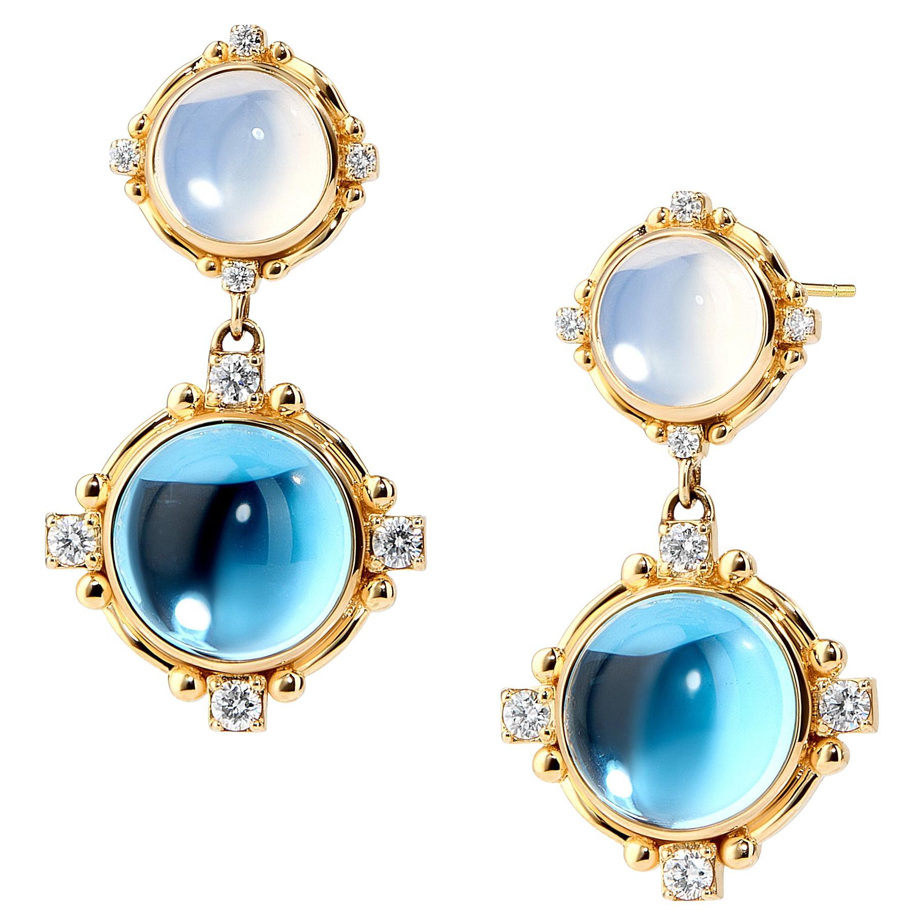 Syna Yellow Gold Blue Topaz, Moon Quartz and Diamonds Earrings