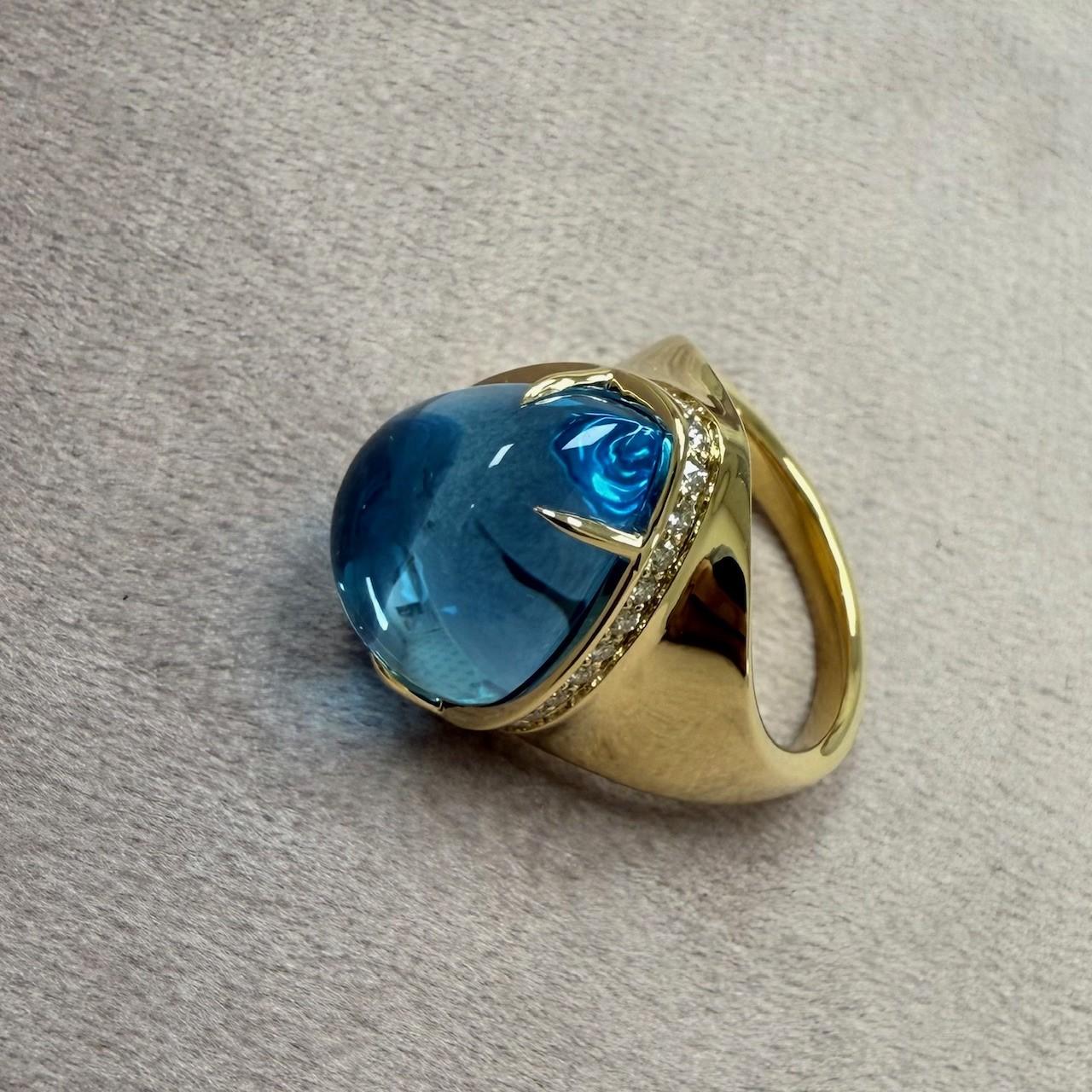 Syna Yellow Gold Blue Topaz Pear Shaped Ring with Diamonds In New Condition For Sale In Fort Lee, NJ