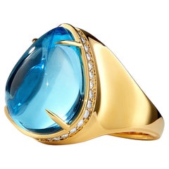 Syna Yellow Gold Blue Topaz Pear Shaped Ring with Diamonds