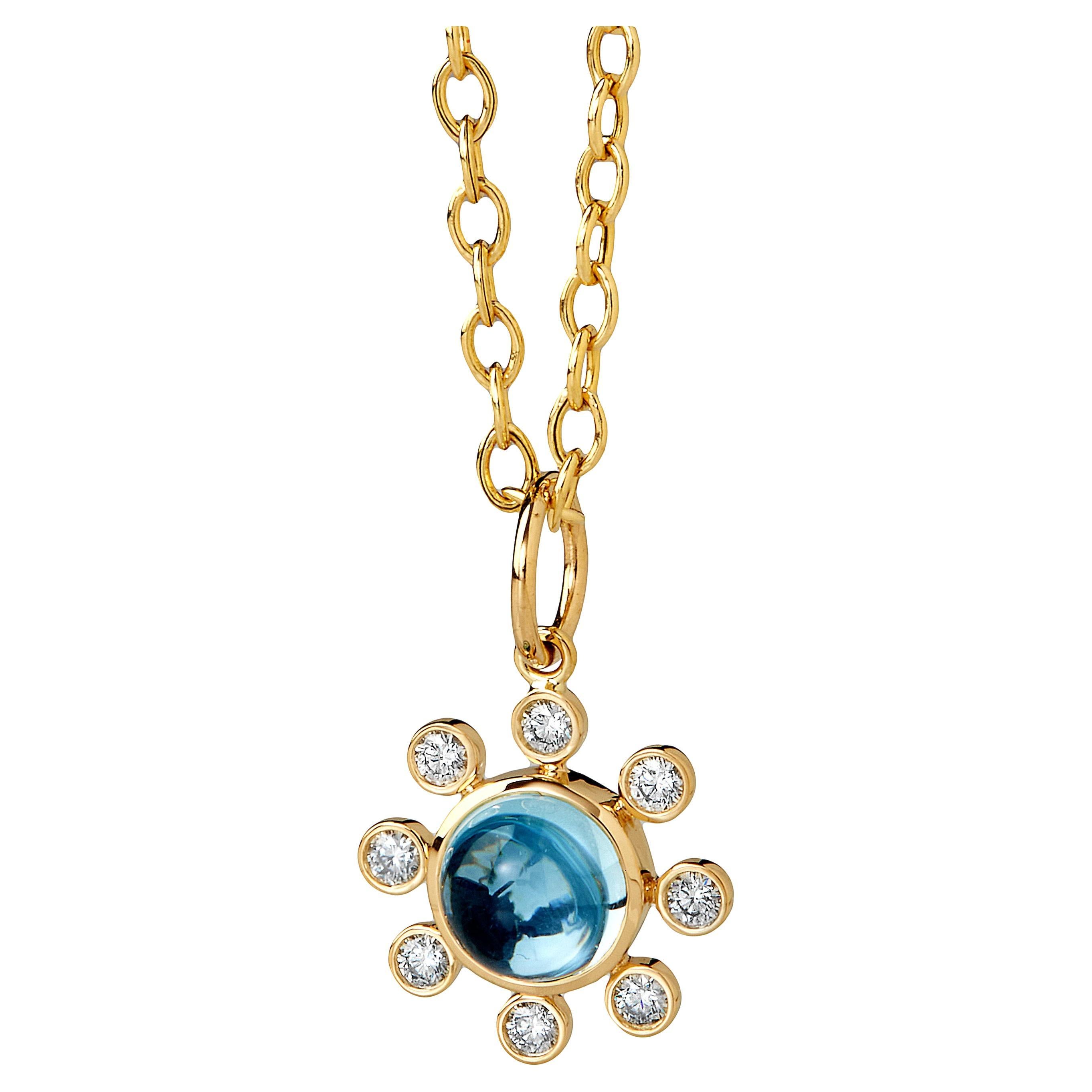 Syna Yellow Gold Blue Topaz Pendant with Diamonds For Sale
