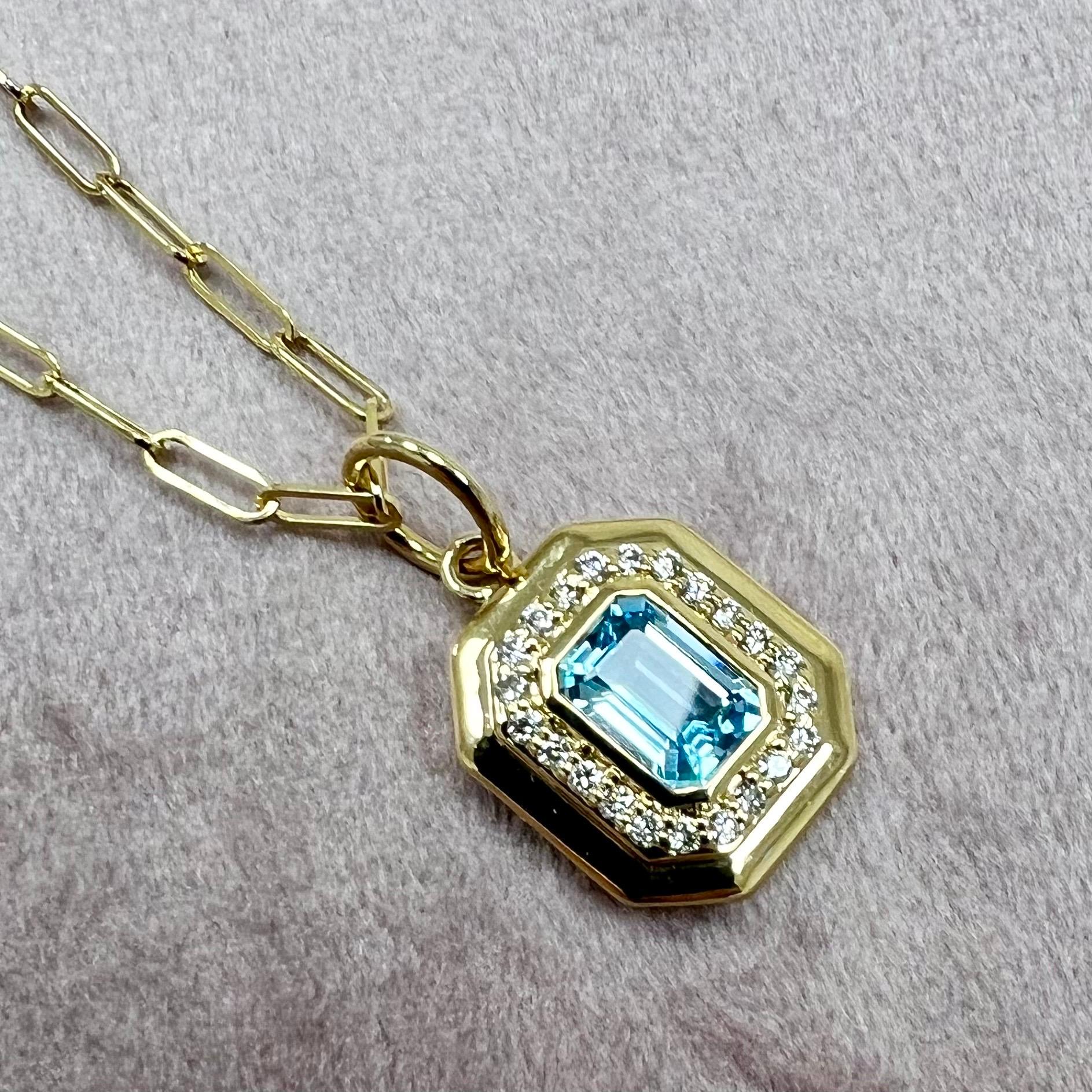 Contemporary Syna Yellow Gold Blue Topaz Pendant with Diamonds For Sale