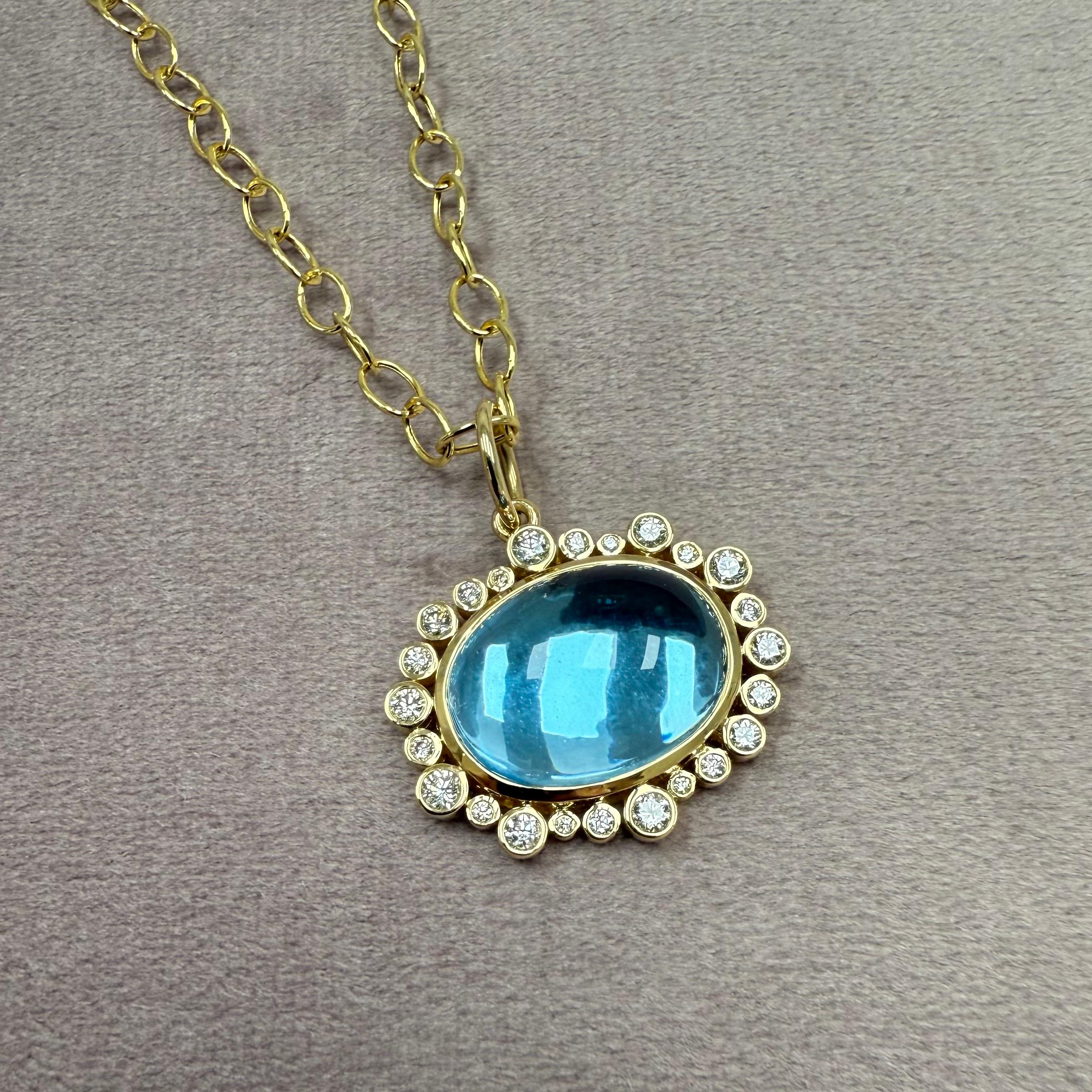 Contemporary Syna Yellow Gold Blue Topaz Pendant with Diamonds For Sale