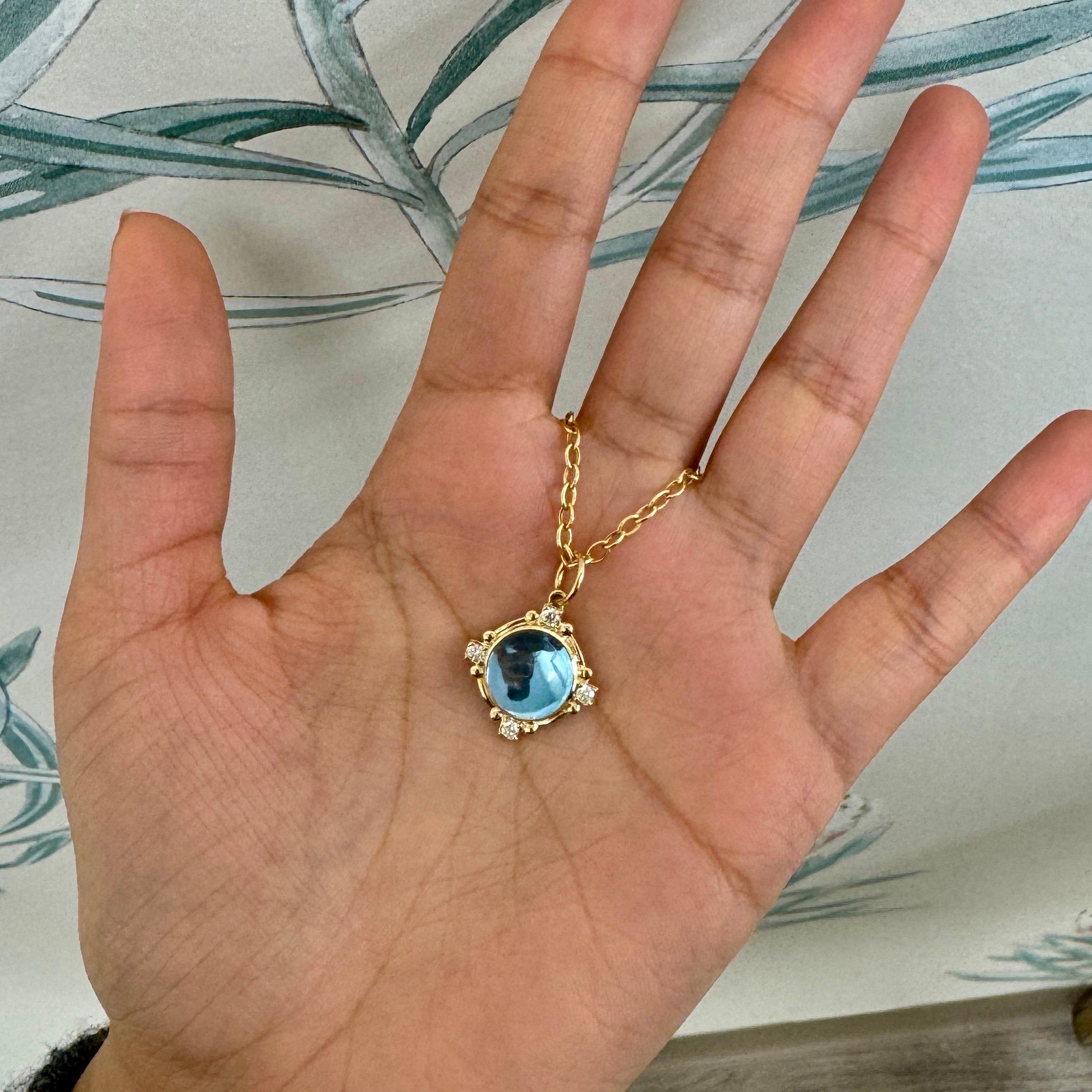 Contemporary Syna Yellow Gold Blue Topaz Pendant with Diamonds For Sale