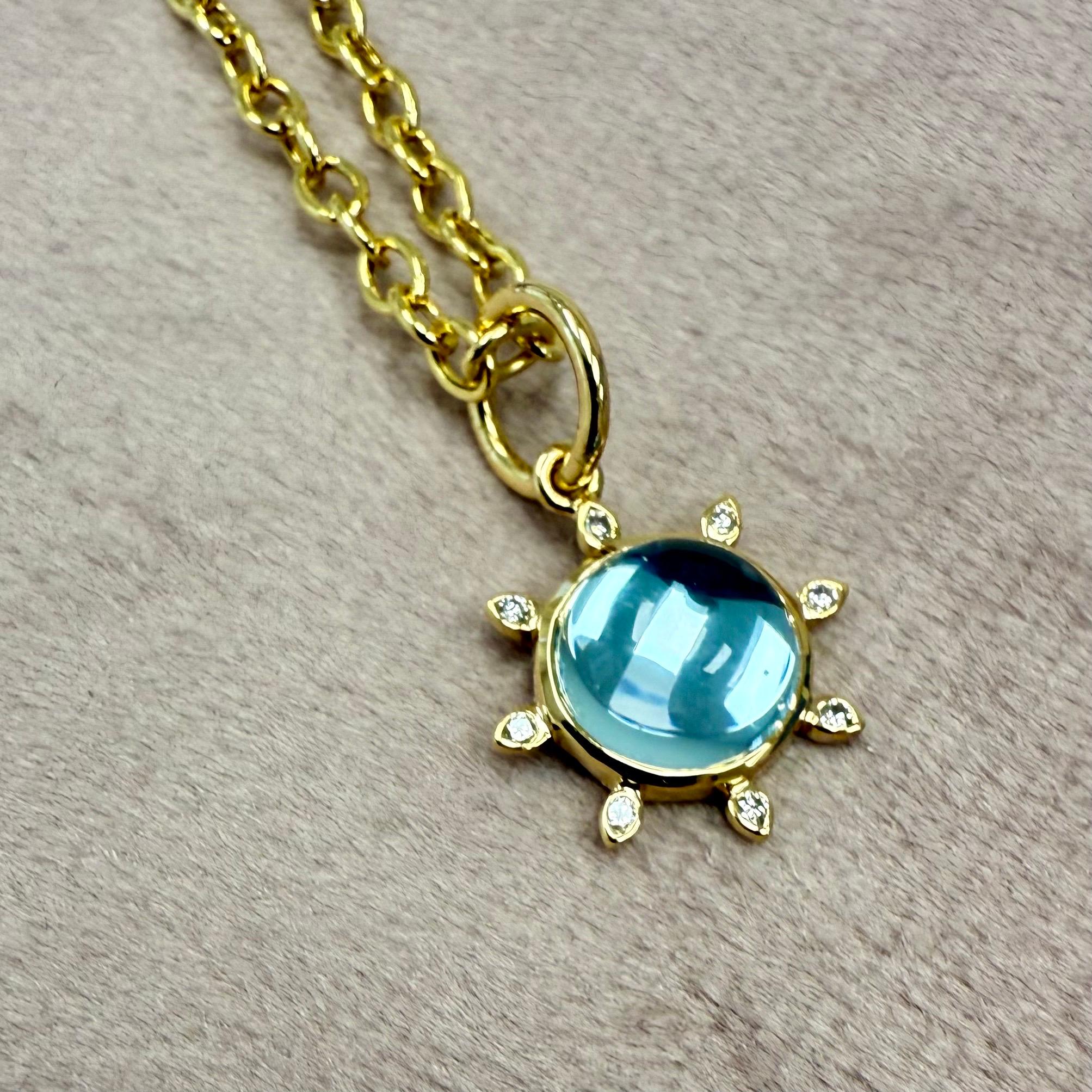 Contemporary Syna Yellow Gold Blue Topaz Pendant with Diamonds For Sale