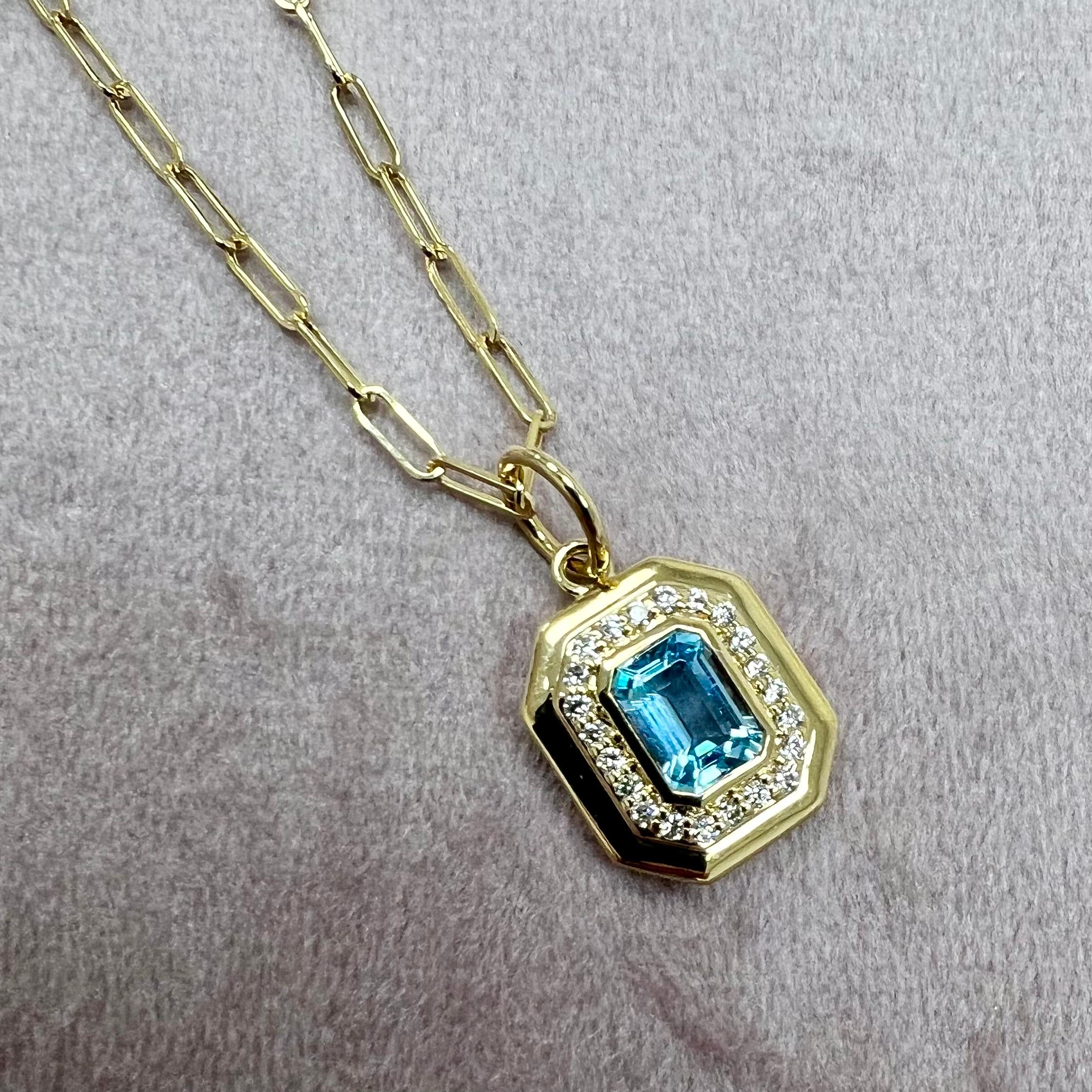 Mixed Cut Syna Yellow Gold Blue Topaz Pendant with Diamonds For Sale