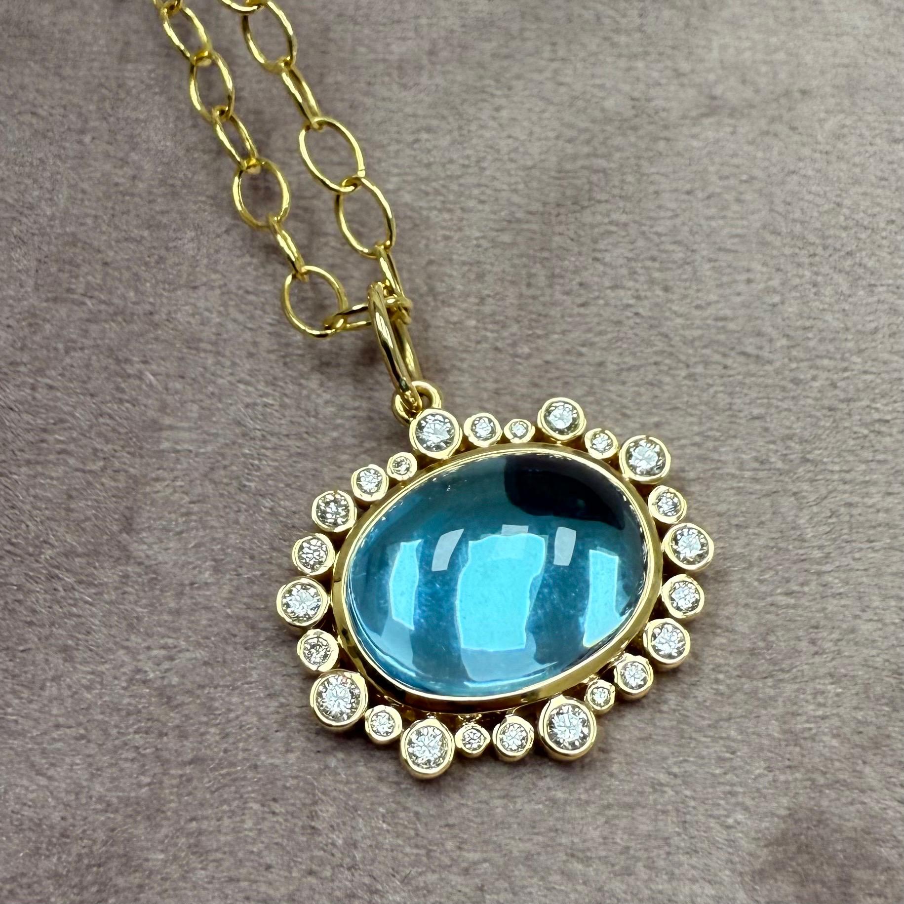 Oval Cut Syna Yellow Gold Blue Topaz Pendant with Diamonds For Sale