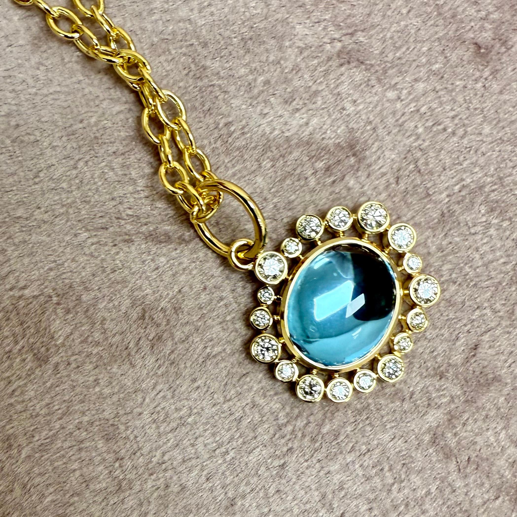 Oval Cut Syna Yellow Gold Blue Topaz Pendant with Diamonds For Sale