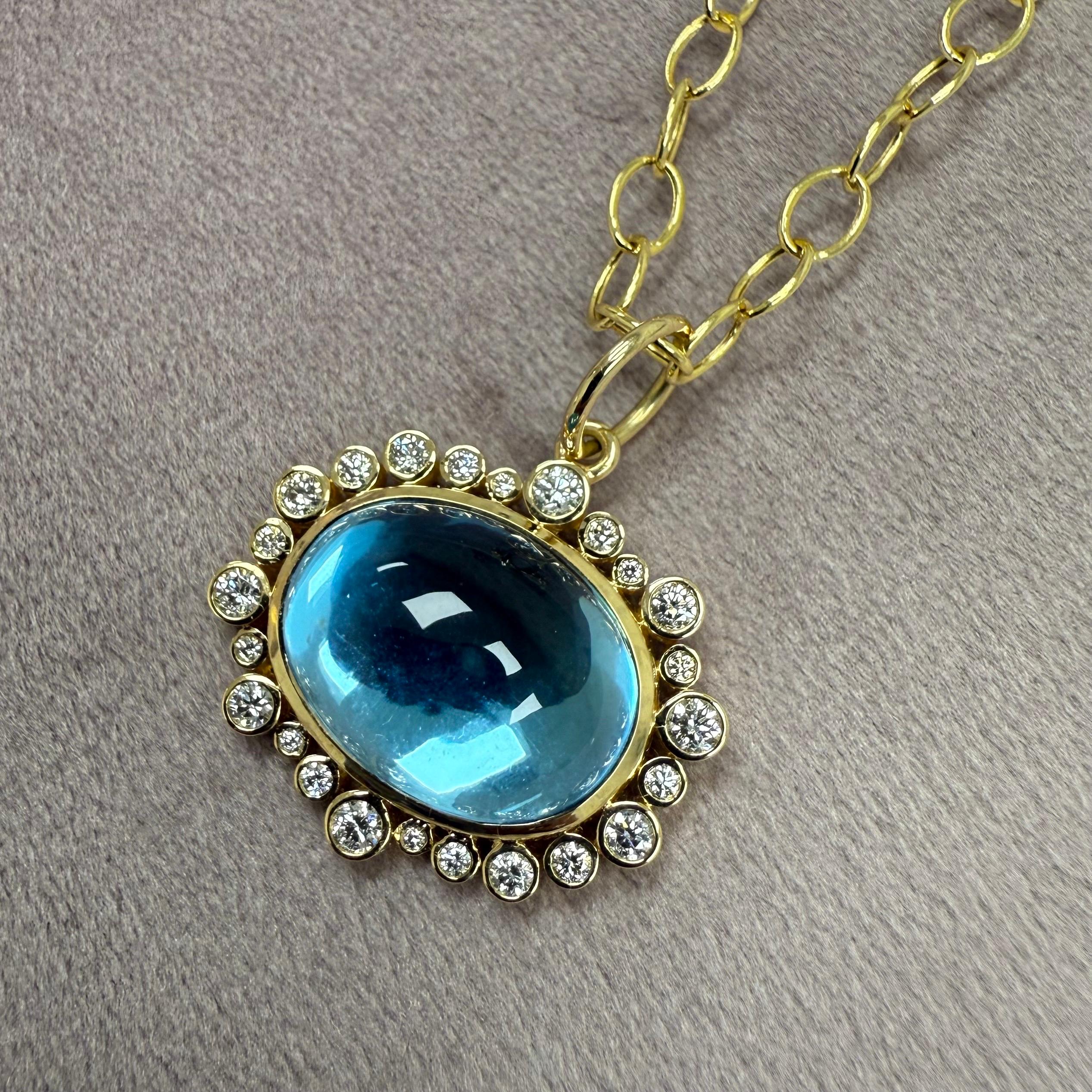 Syna Yellow Gold Blue Topaz Pendant with Diamonds In New Condition For Sale In Fort Lee, NJ