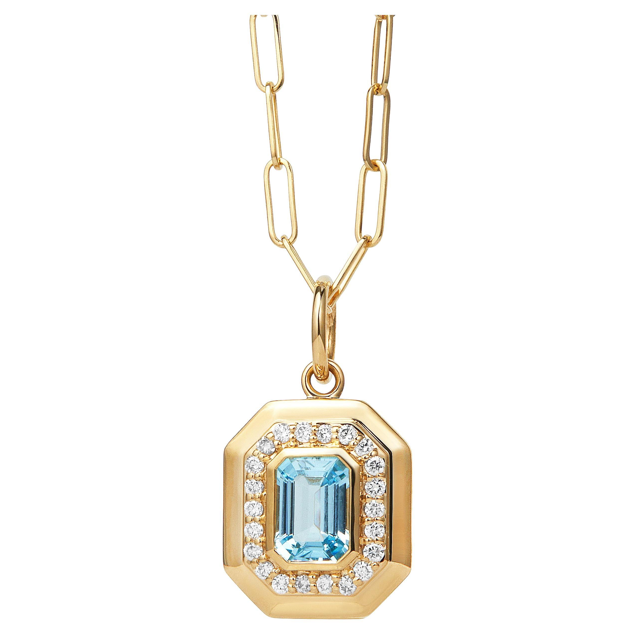 Pendentif Syna en or jaune et topaze bleue avec diamants en vente