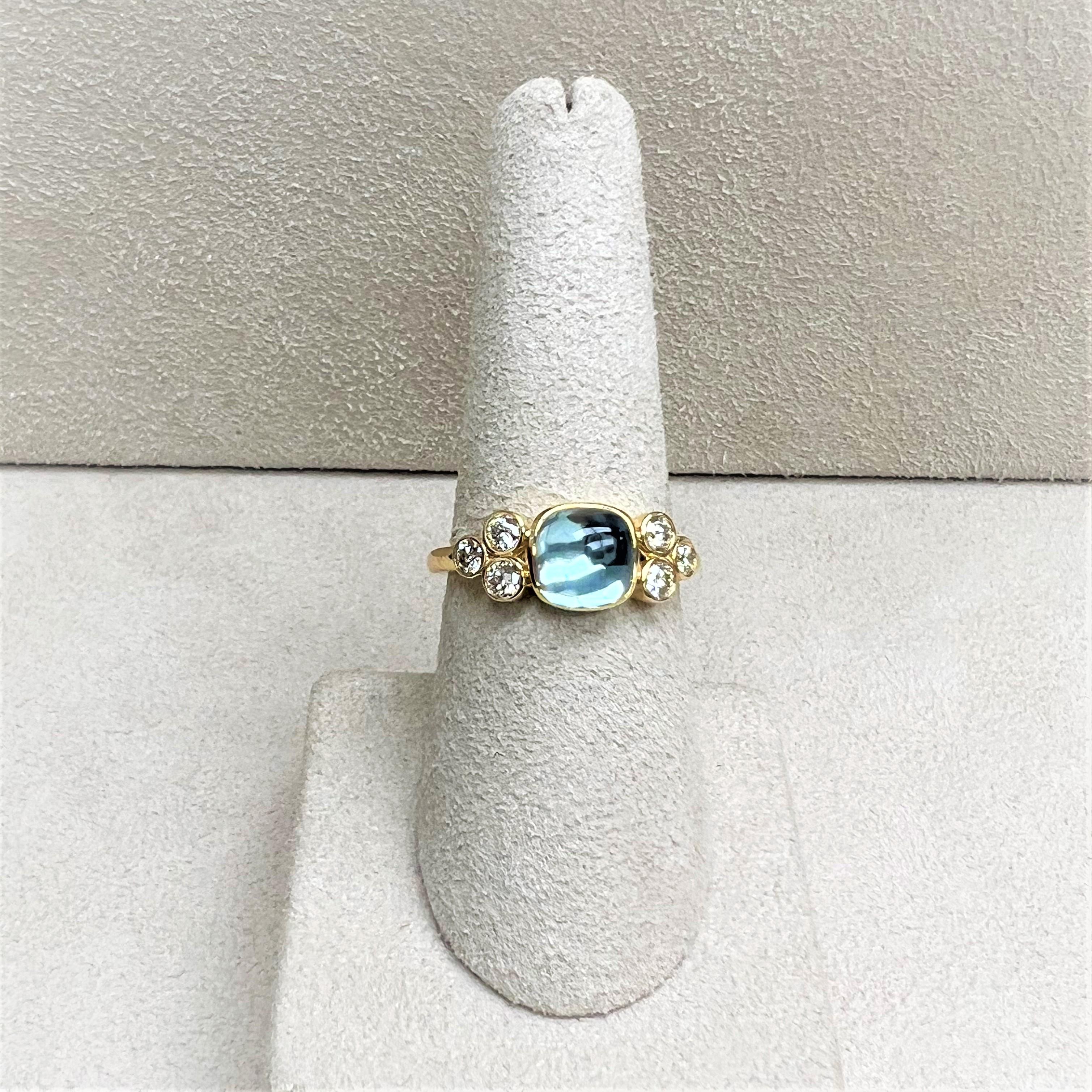 Created in 18 karat yellow gold
Blue topaz 2.50 carats approx.
Champagne diamonds 0.30 carat approx.
Ring size US 6.5, Can be made in other ring sizes on special order