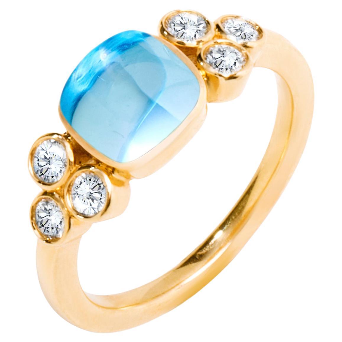 Syna Yellow Gold Blue Topaz Ring with Champagne Diamonds For Sale