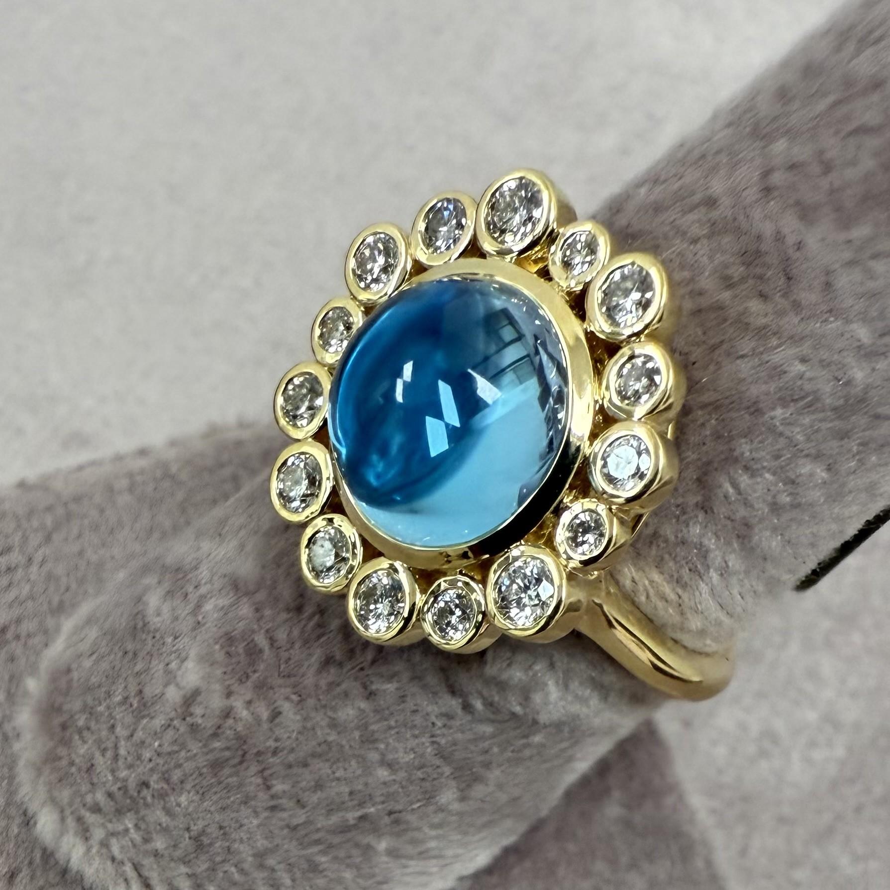 Round Cut Syna Yellow Gold Blue Topaz Ring with Diamonds For Sale