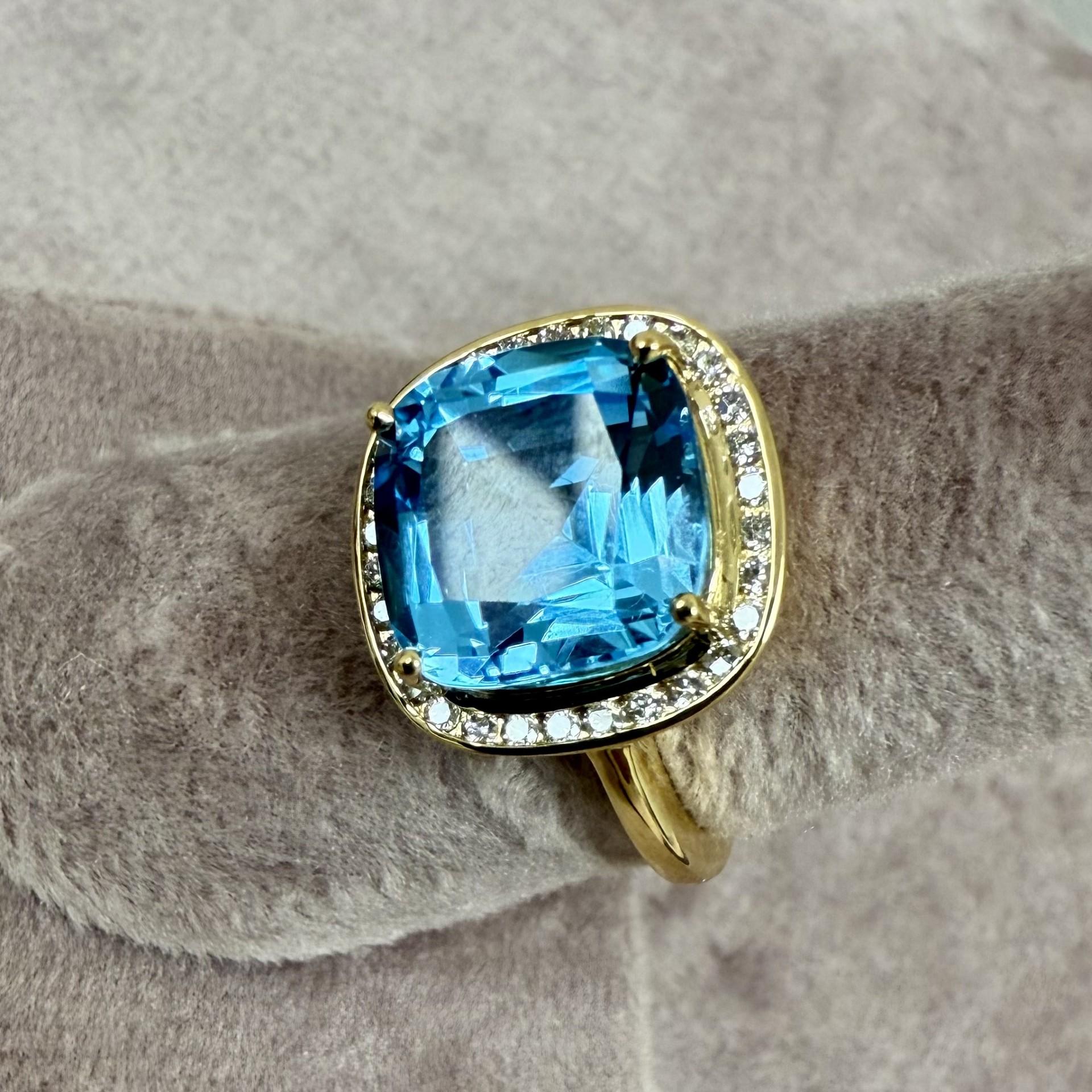 Cushion Cut Syna Yellow Gold Blue Topaz Ring with Diamonds