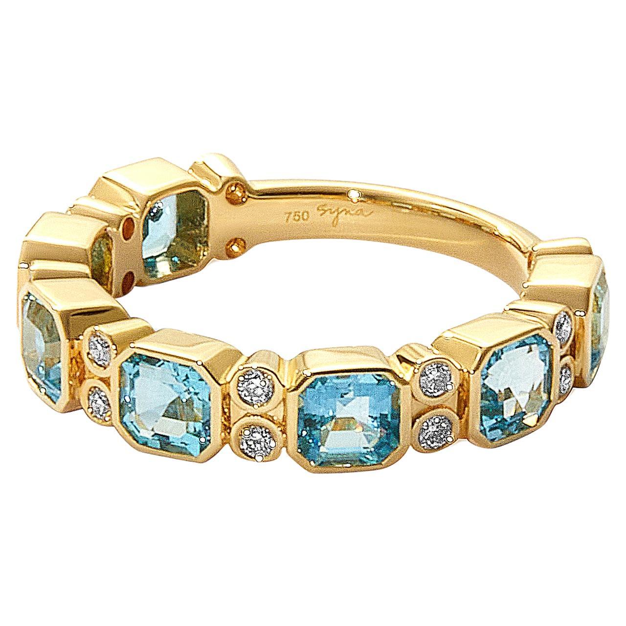 Syna Yellow Gold Blue Topaz Ring with Diamonds For Sale