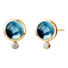 Syna Yellow Gold Blue Topaz Studs with Champagne Diamonds