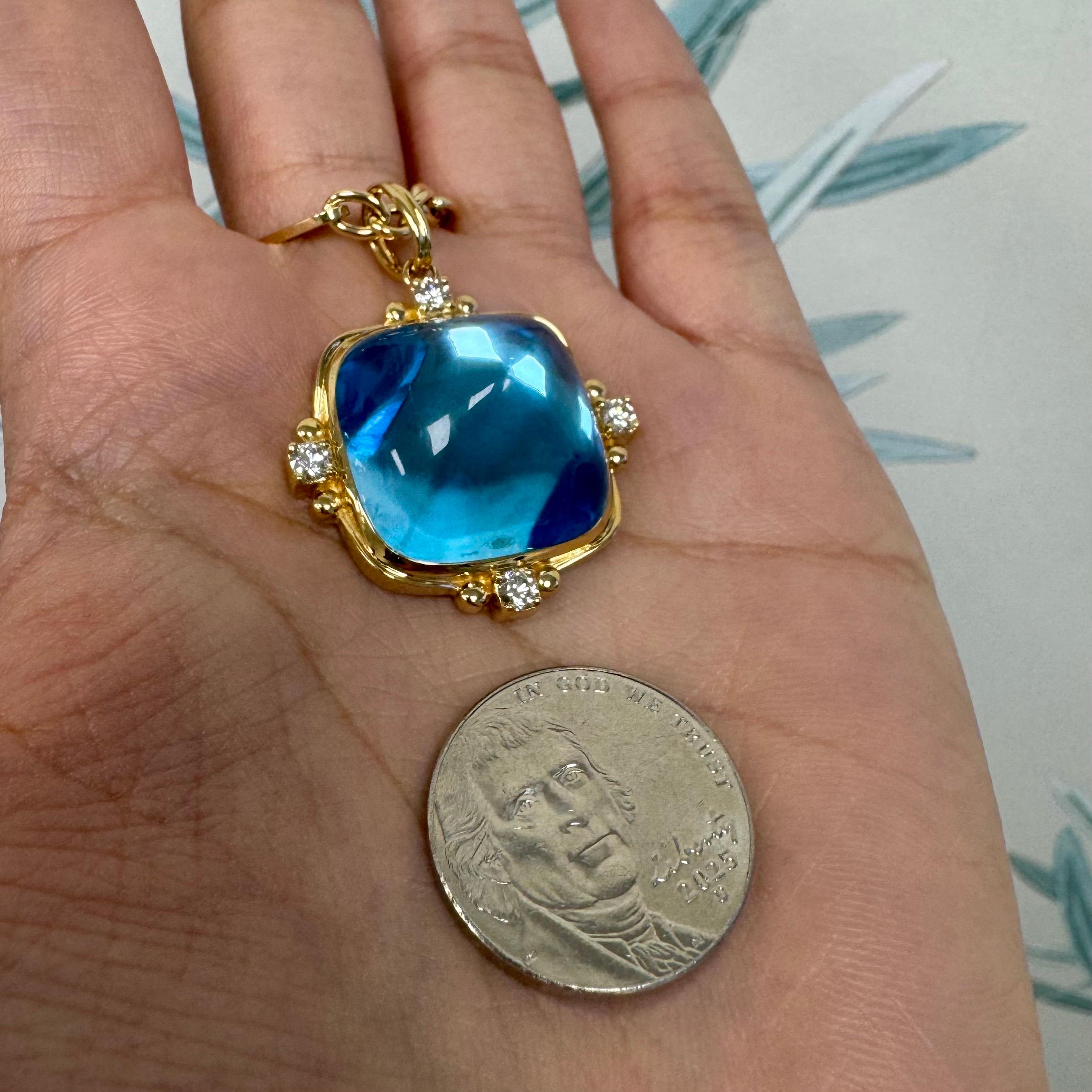 Contemporain Syna Yellow Gold Blue Topaz Sugarloaf Pendant with Diamonds en vente