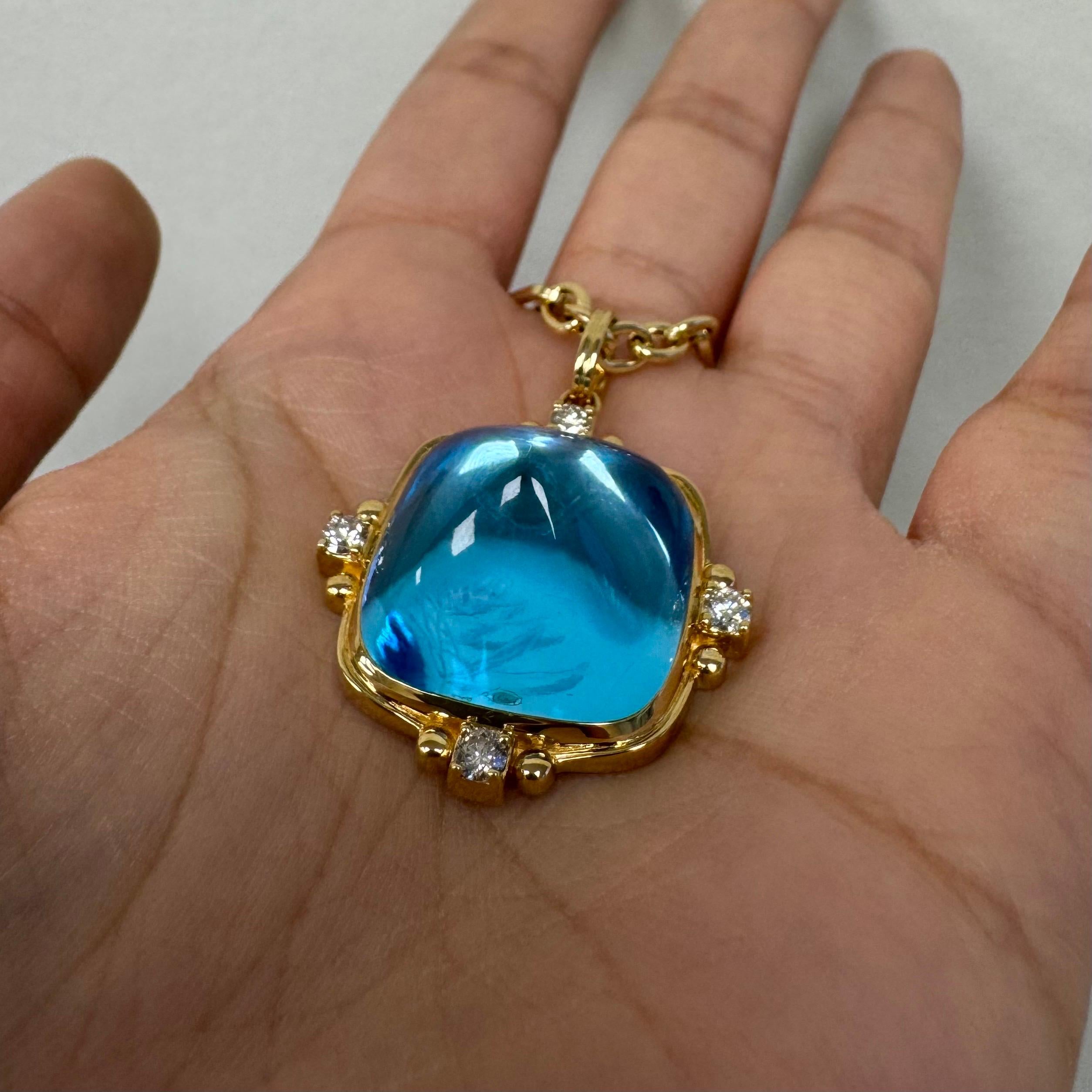 Taille cabochon « sugarloaf » Syna Yellow Gold Blue Topaz Sugarloaf Pendant with Diamonds en vente